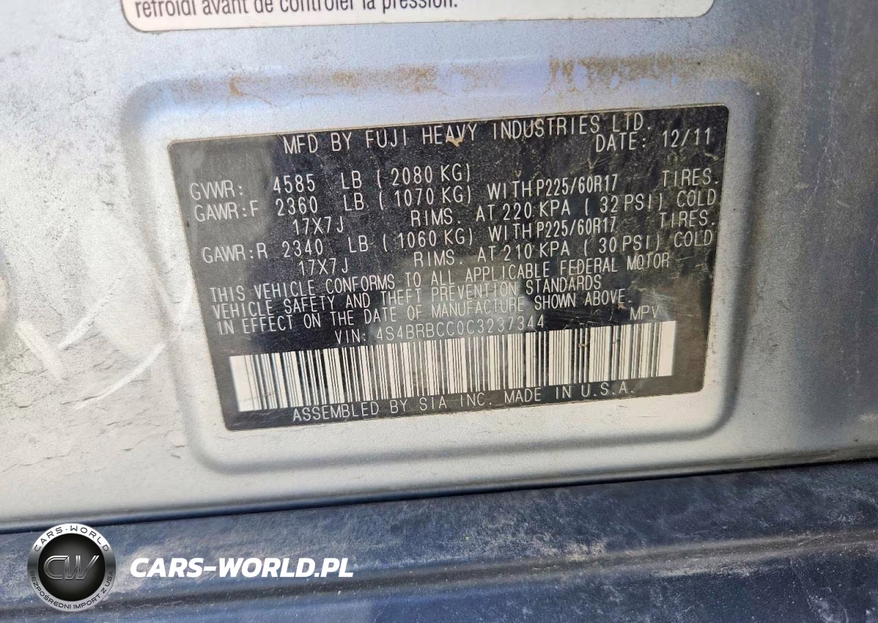 2012 Subaru Outback 2.5I Premium VIN:4S4BRBCC0C3237344 - 13