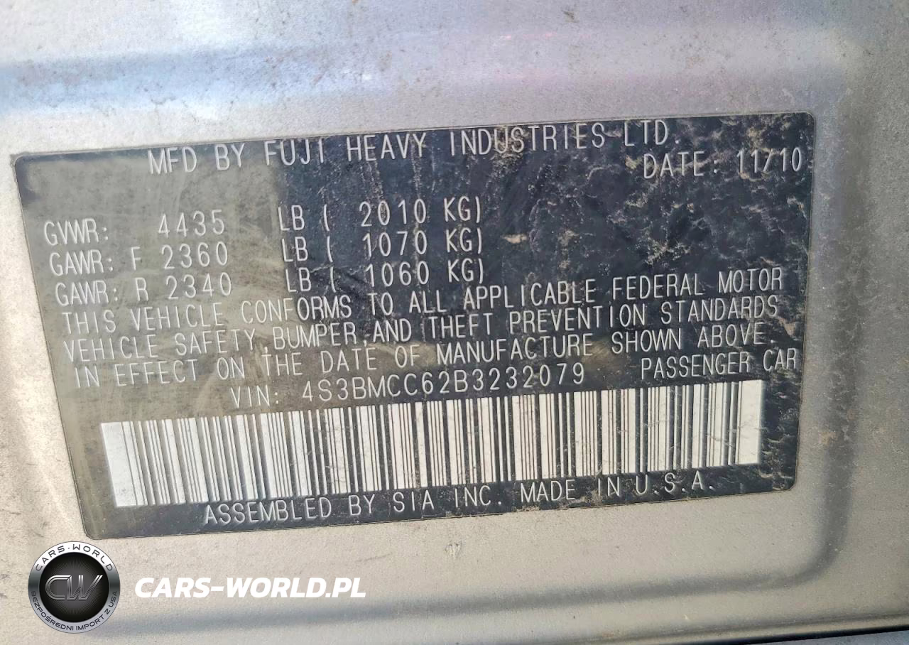 2011 Subaru Legacy 2.5I Premium VIN:4S3BMCC62B3232079 - 12