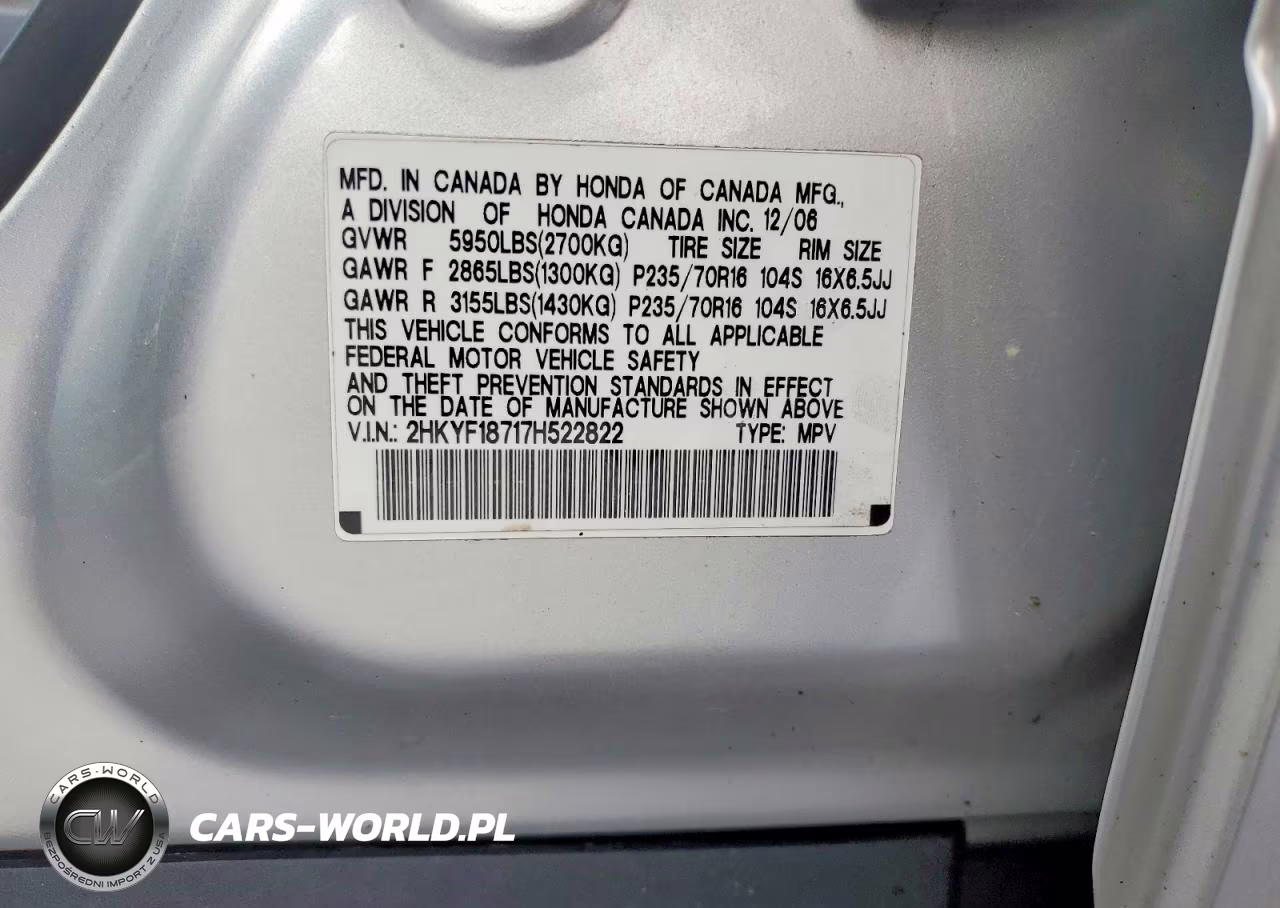 2007 Honda Pilot Exl VIN:2HKYF18717H522822 - 12