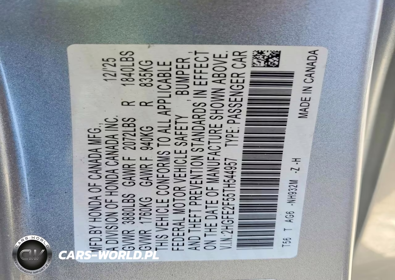 2026 Honda Civic Sport VIN:2HGFE2F55TH544957 - 13