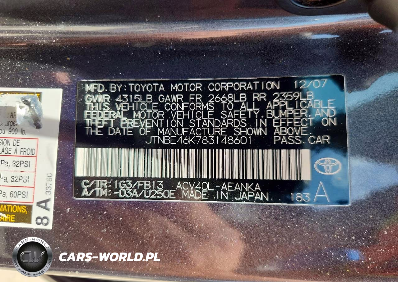 2008 Toyota Camry Base VIN:JTNBE46K783148601 - 12