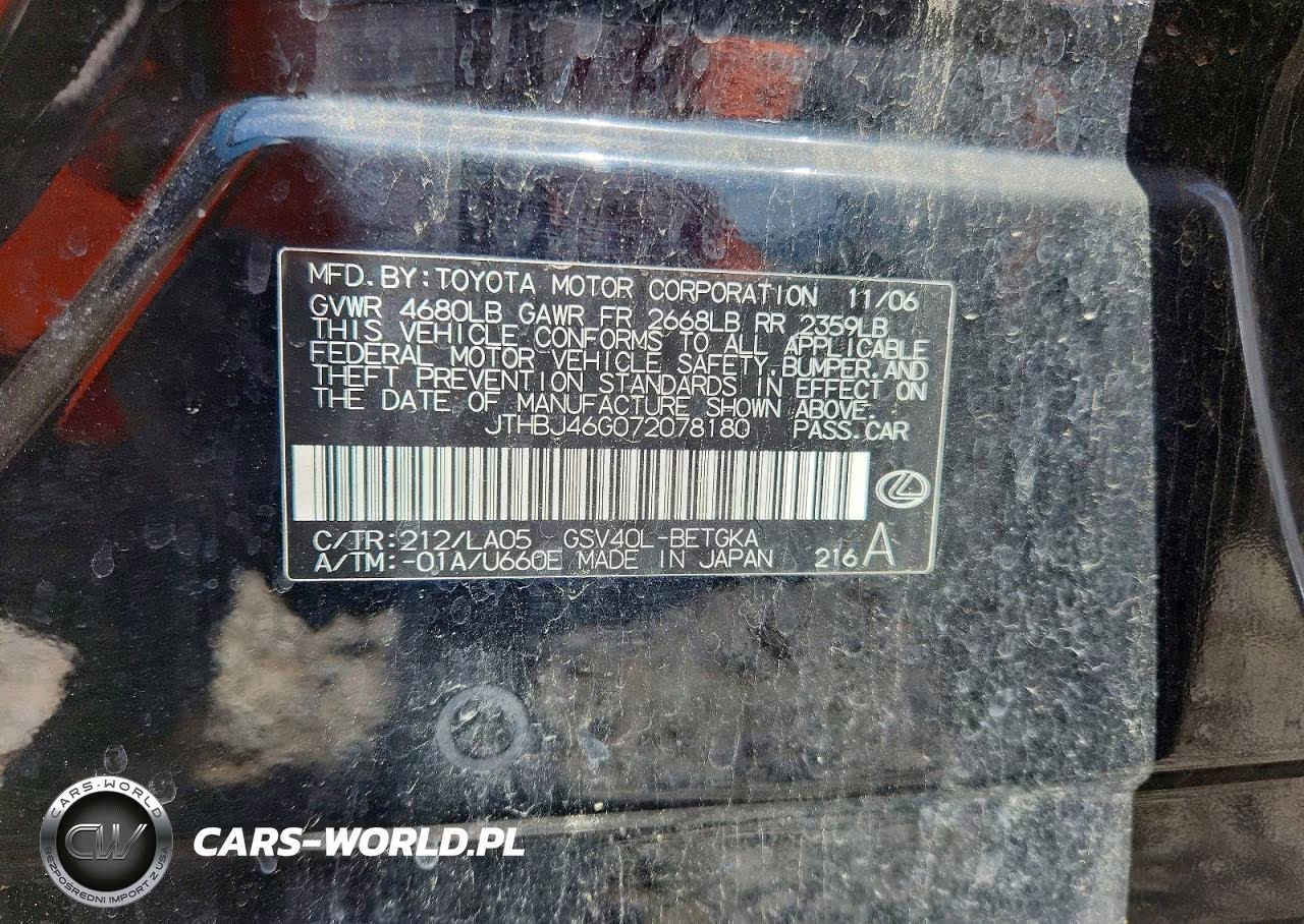 2007 Lexus Es 350 VIN:JTHBJ46G072078180 - 12
