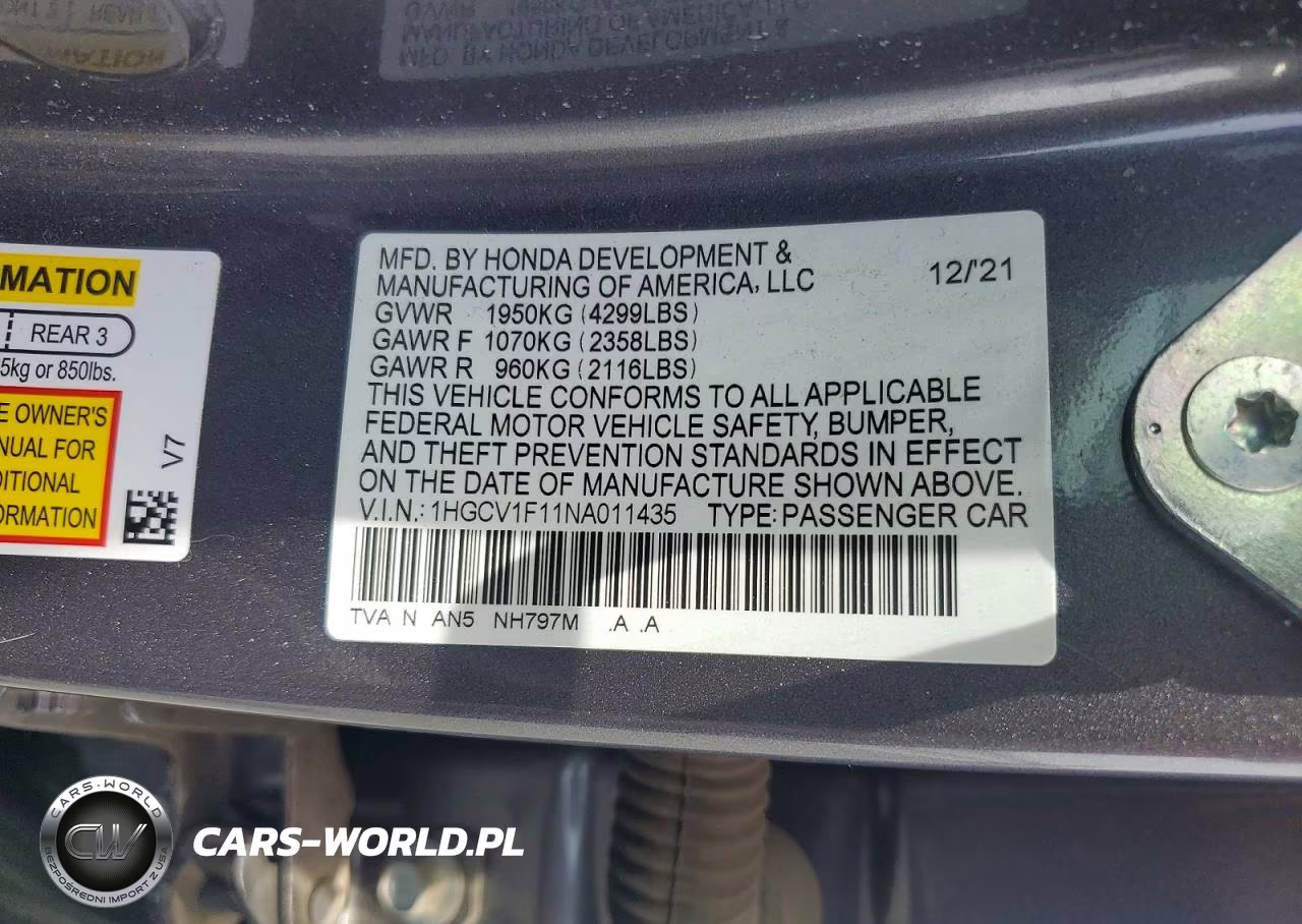2022 Honda Accord Lx VIN:1HGCV1F11NA011435 - 12