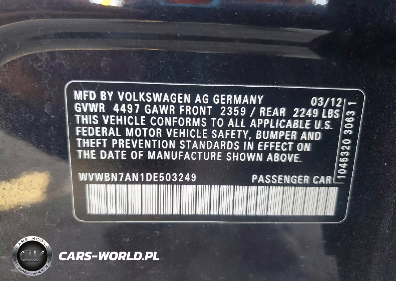 2013 Volkswagen Cc Sport VIN:WVWBN7AN1DE503249 - 12