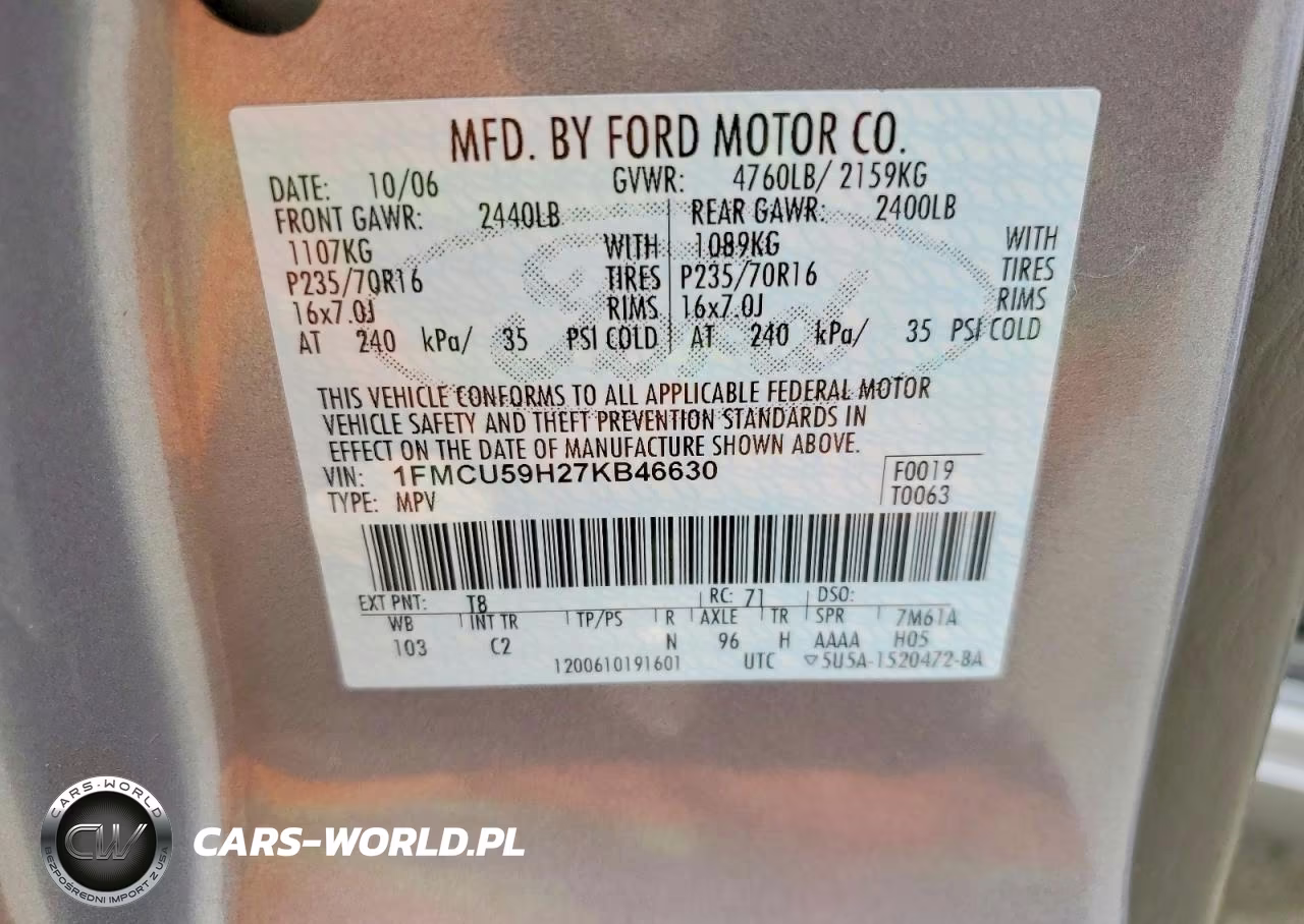 2007 Ford Escape Hybrid 4D Suv VIN:1FMCU59H27KB46630 - 12