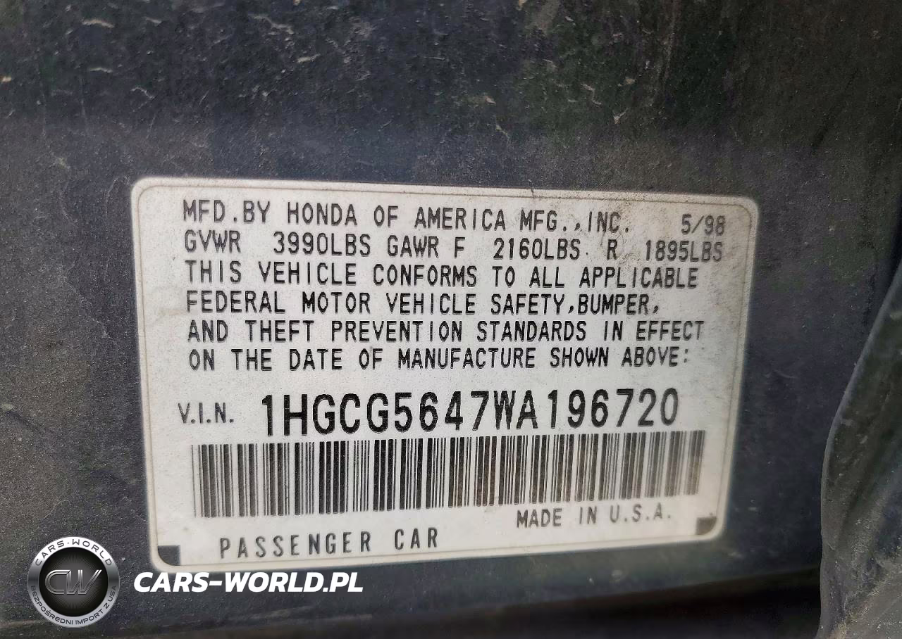 1998 Honda Accord Lx VIN:1HGCG5647WA196720 - 12