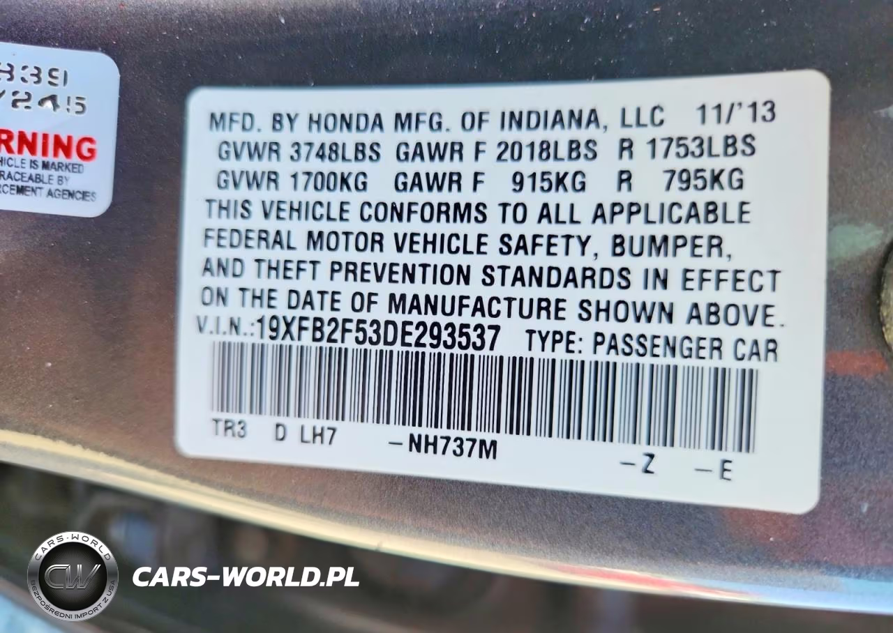 2013 Honda Civic Lx VIN:19XFB2F53DE293537 - 12