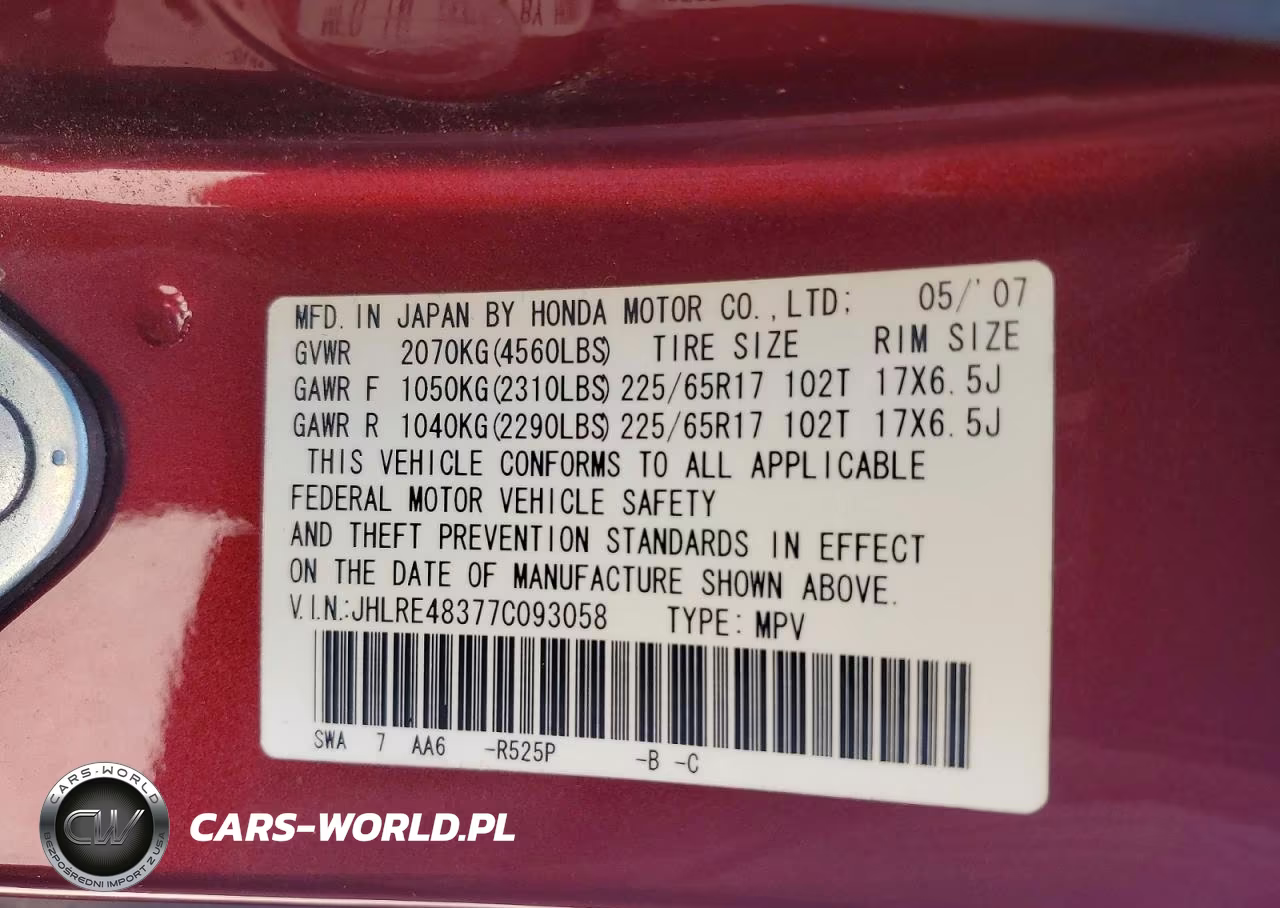 2007 Honda Cr-V Lx VIN:JHLRE48377C093058 - 12