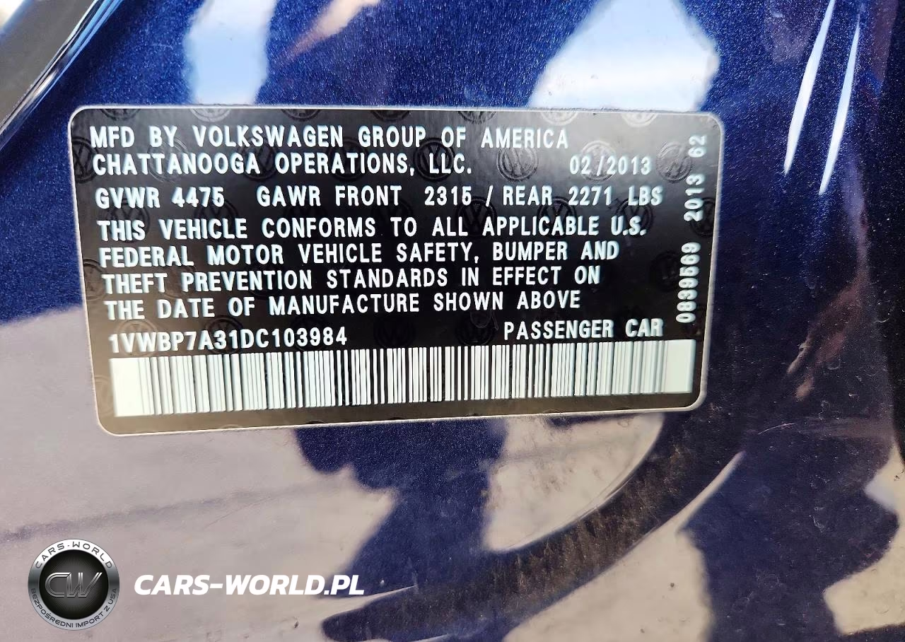 2013 Volkswagen Passat Se VIN:1VWBP7A31DC103984 - 12