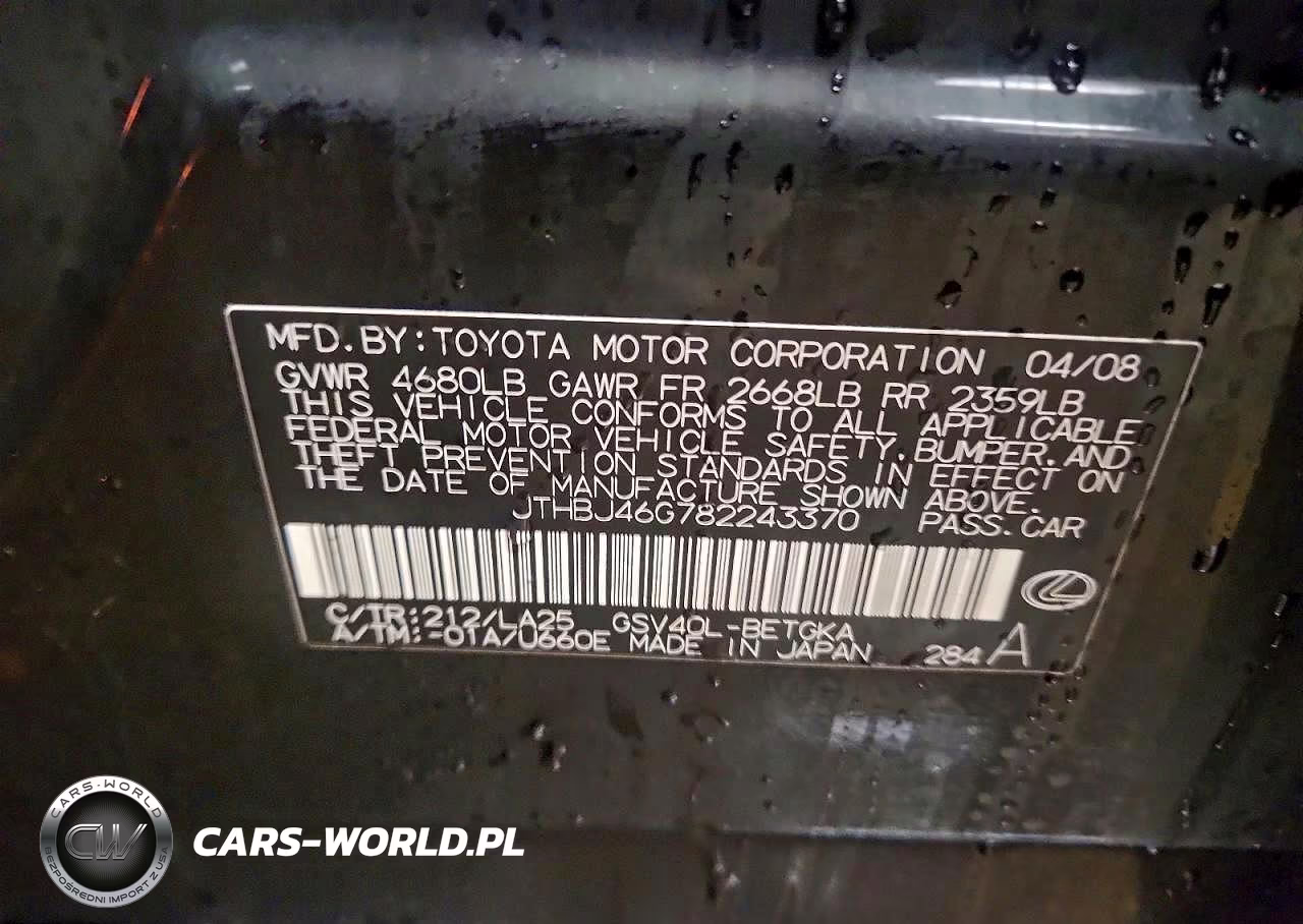2008 Lexus Es 350 VIN:JTHBJ46G782243370 - 12