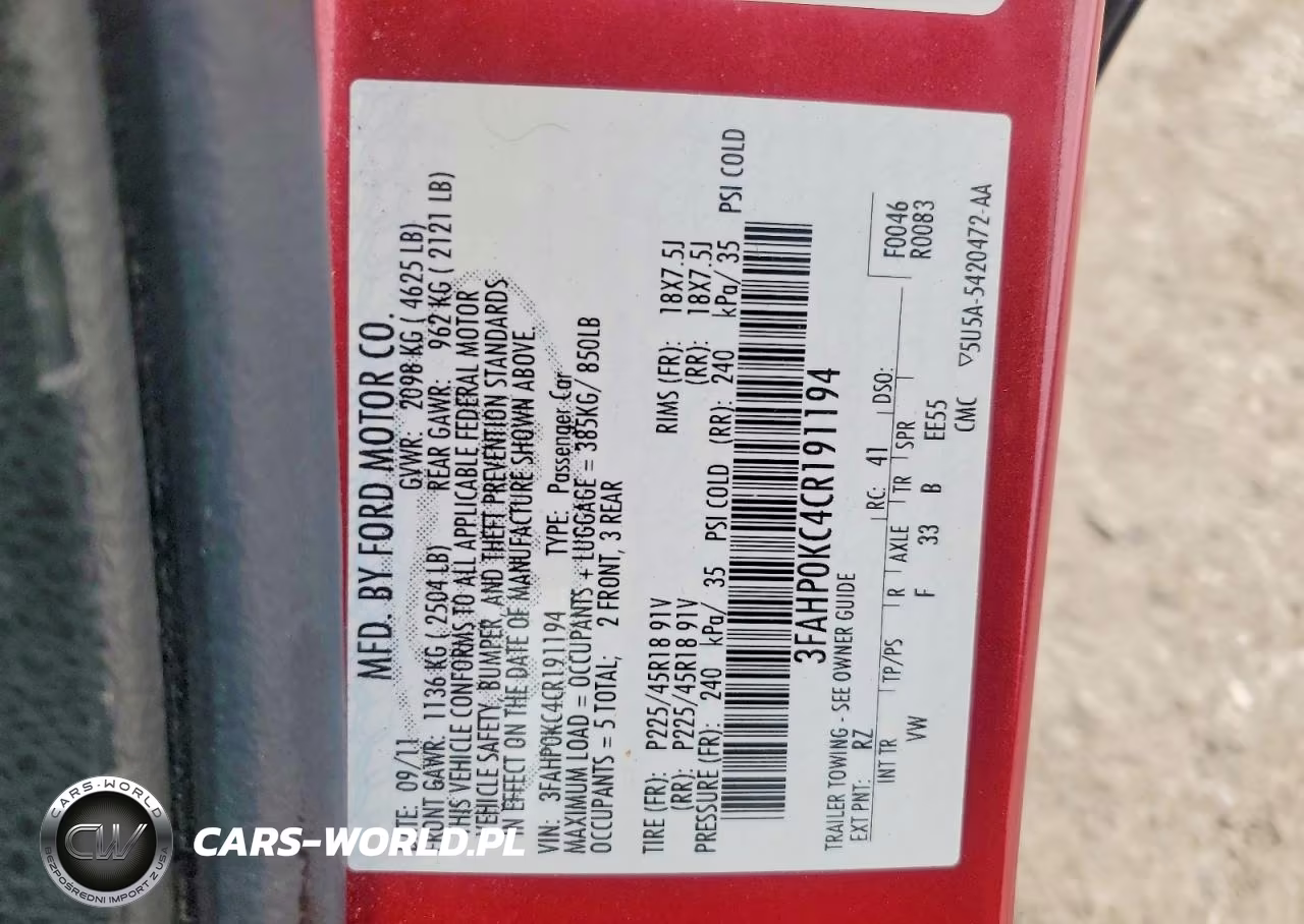 2012 Ford Fusion Sport VIN:3FAHP0KC4CR191194 - 12