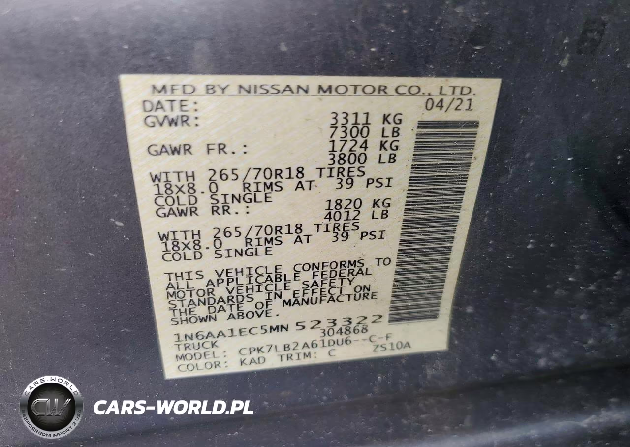 2021 Nissan Titan S VIN:1N6AA1EC5MN523322 - 12