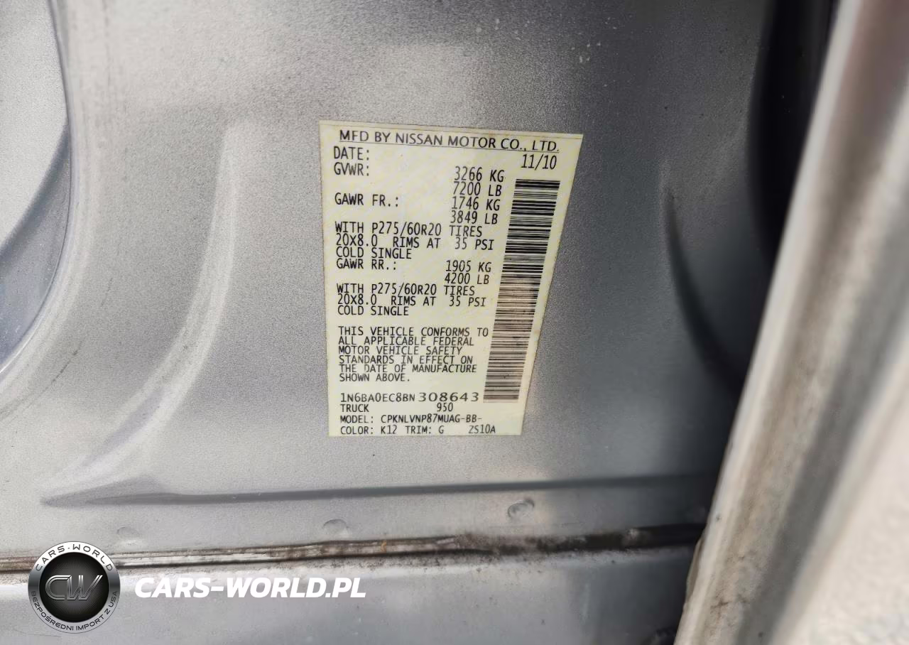2011 Nissan Titan Sv VIN:1N6BA0EC8BN308643 - 12