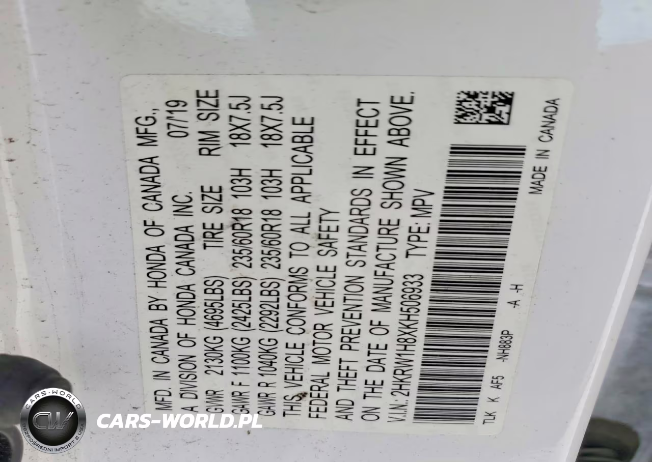 2019 Honda Cr-V Exl VIN:2HKRW1H8XKH506933 - 12
