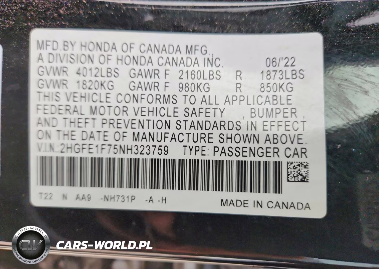 2022 Honda Civic Ex VIN:2HGFE1F75NH323759 - 12