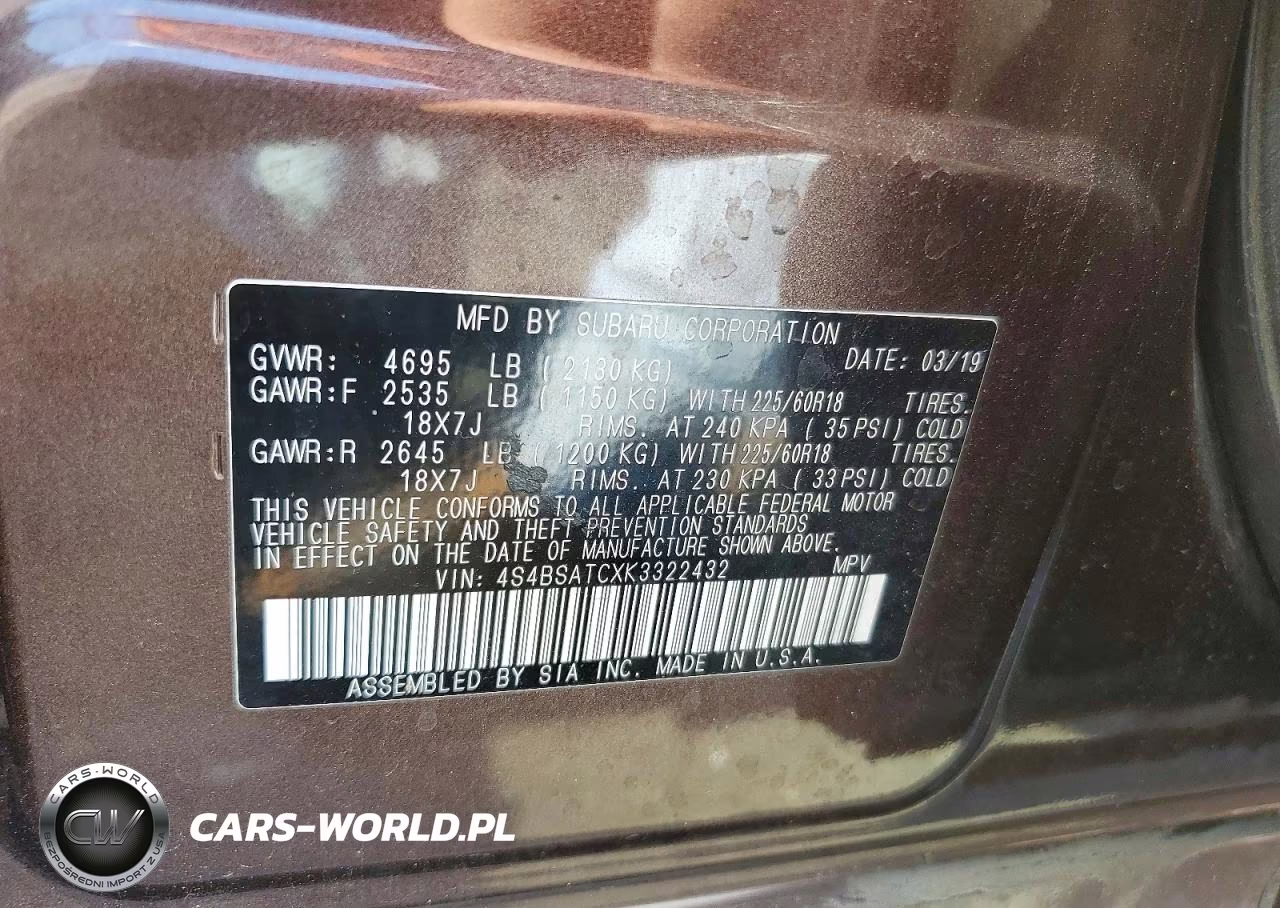 2019 Subaru Outback Touring VIN:4S4BSATCXK3322432 - 13