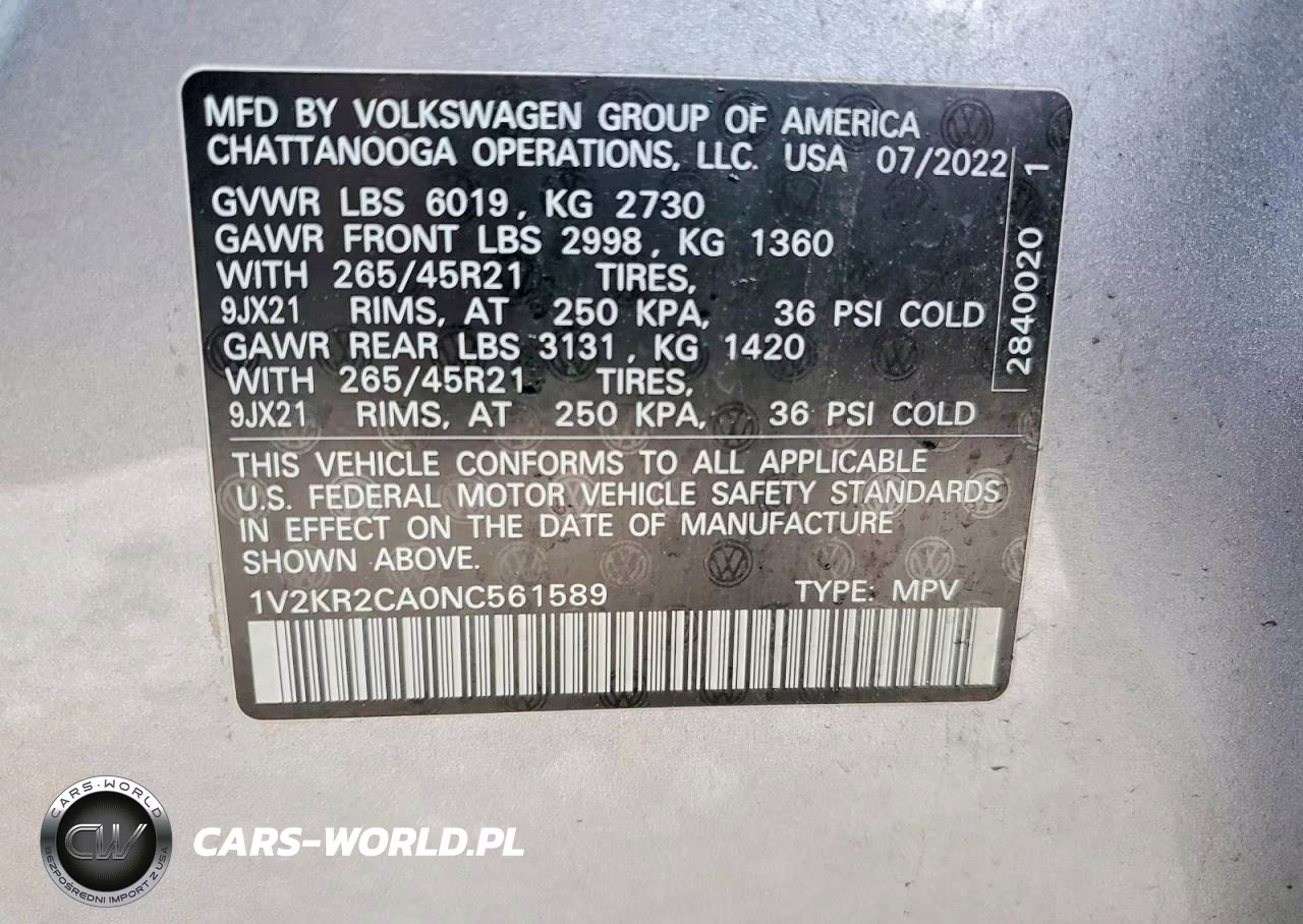2022 Volkswagen Atlas Se VIN:1V2KR2CA0NC561589 - 14