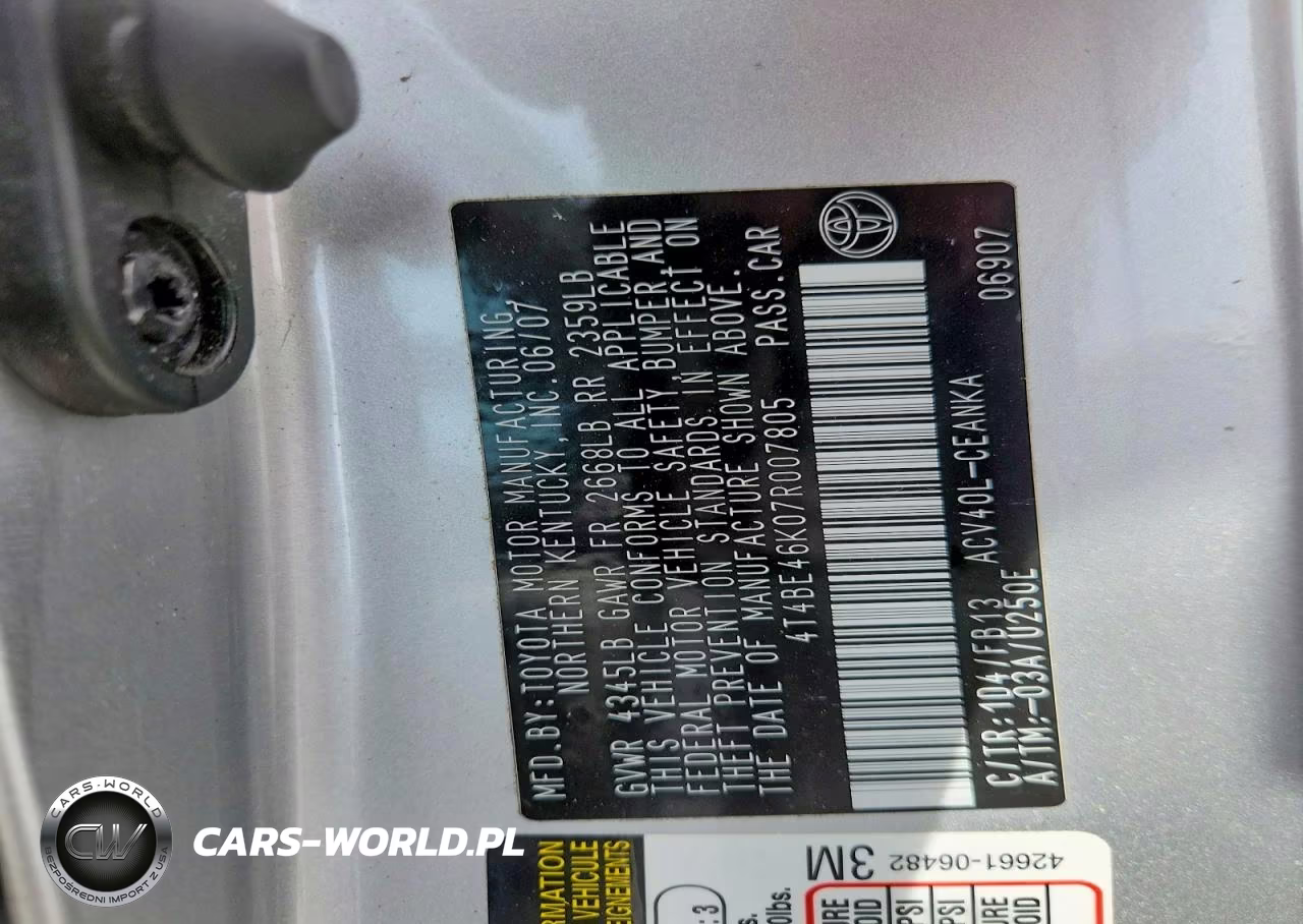 2007 Toyota Camry Le VIN:4T4BE46K07R007805 - 12