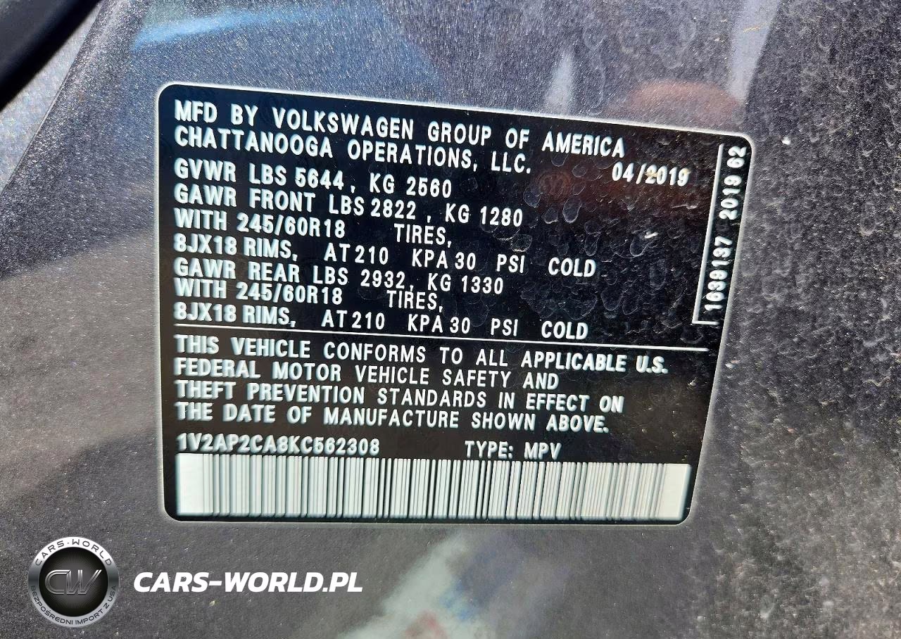 2019 Volkswagen Atlas S VIN:1V2AP2CA8KC562308 - 13