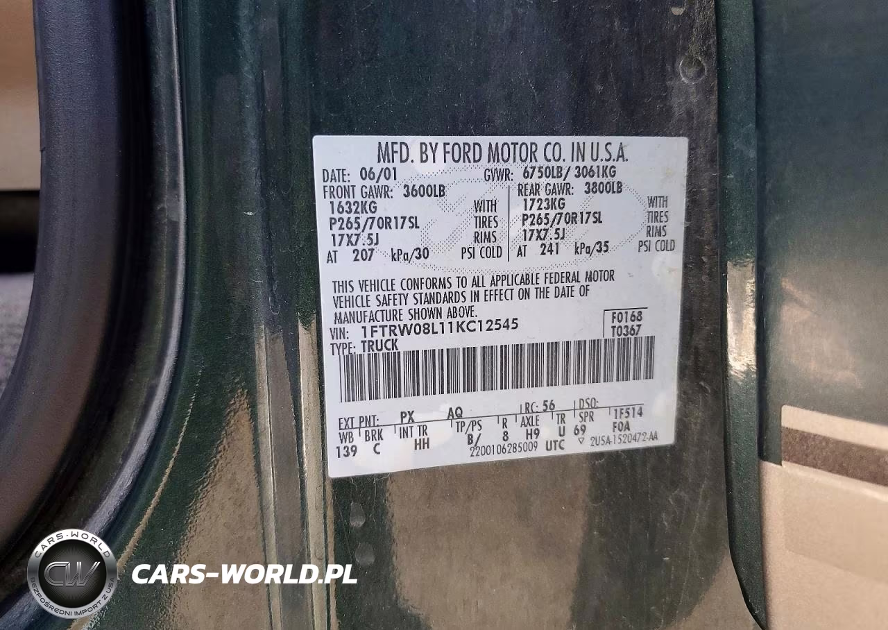 2001 Ford F150 Supercrew VIN:1FTRW08L11KC12545 - 12