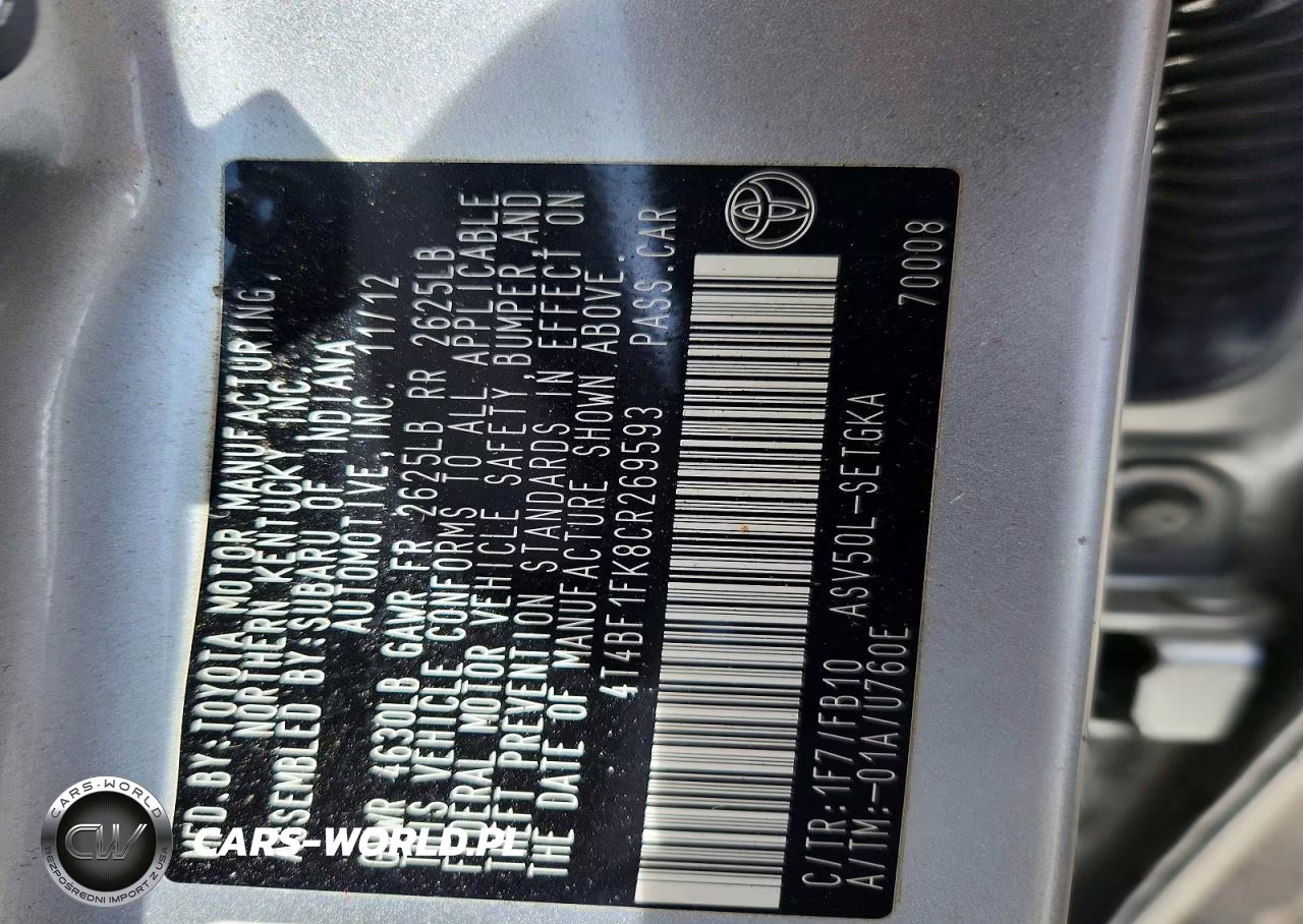 2012 Toyota Camry Xle VIN:4T4BF1FK8CR269593 - 13