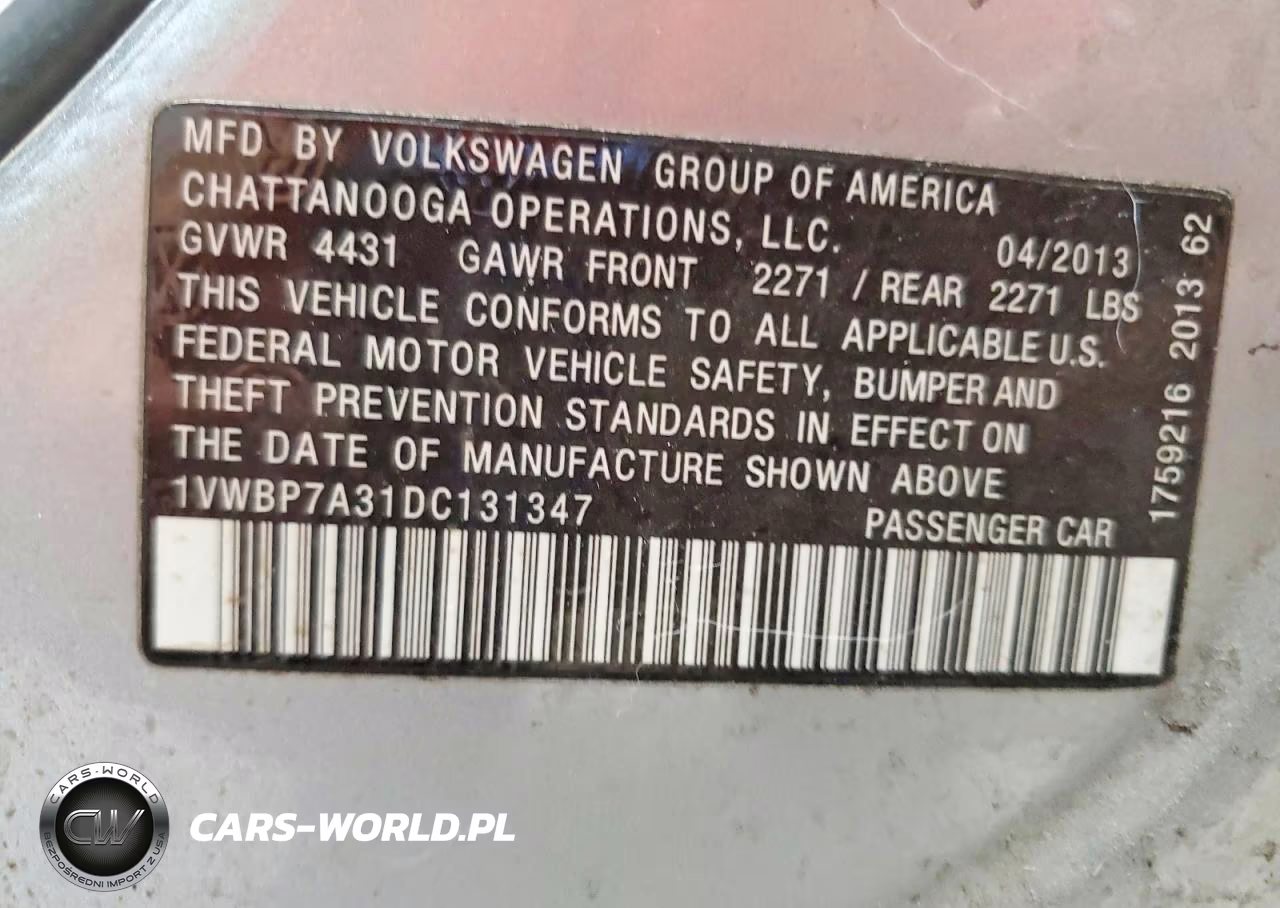 2013 Volkswagen Passat Se VIN:1VWBP7A31DC131347 - 12
