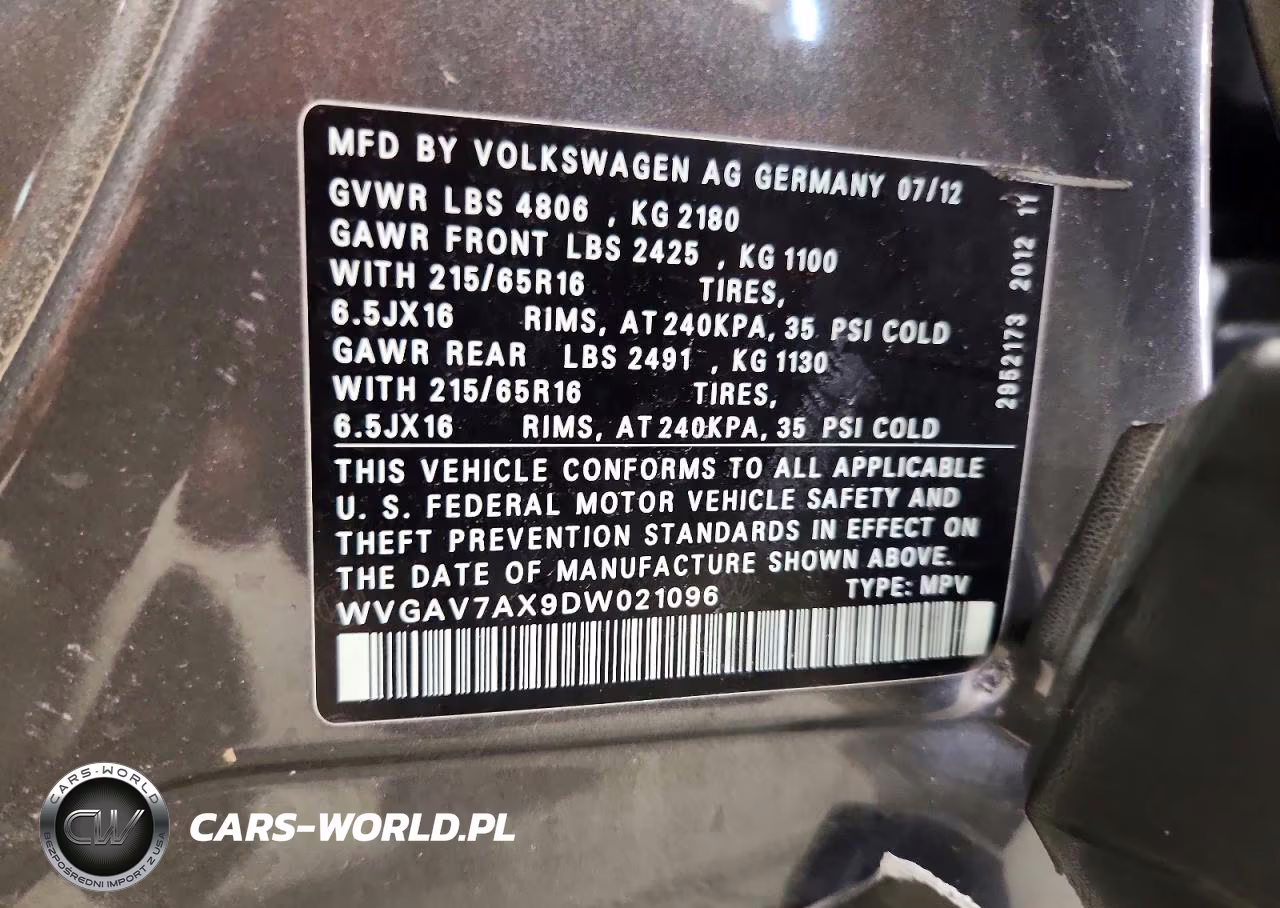 2013 Volkswagen Tiguan S VIN:WVGAV7AX9DW021096 - 13