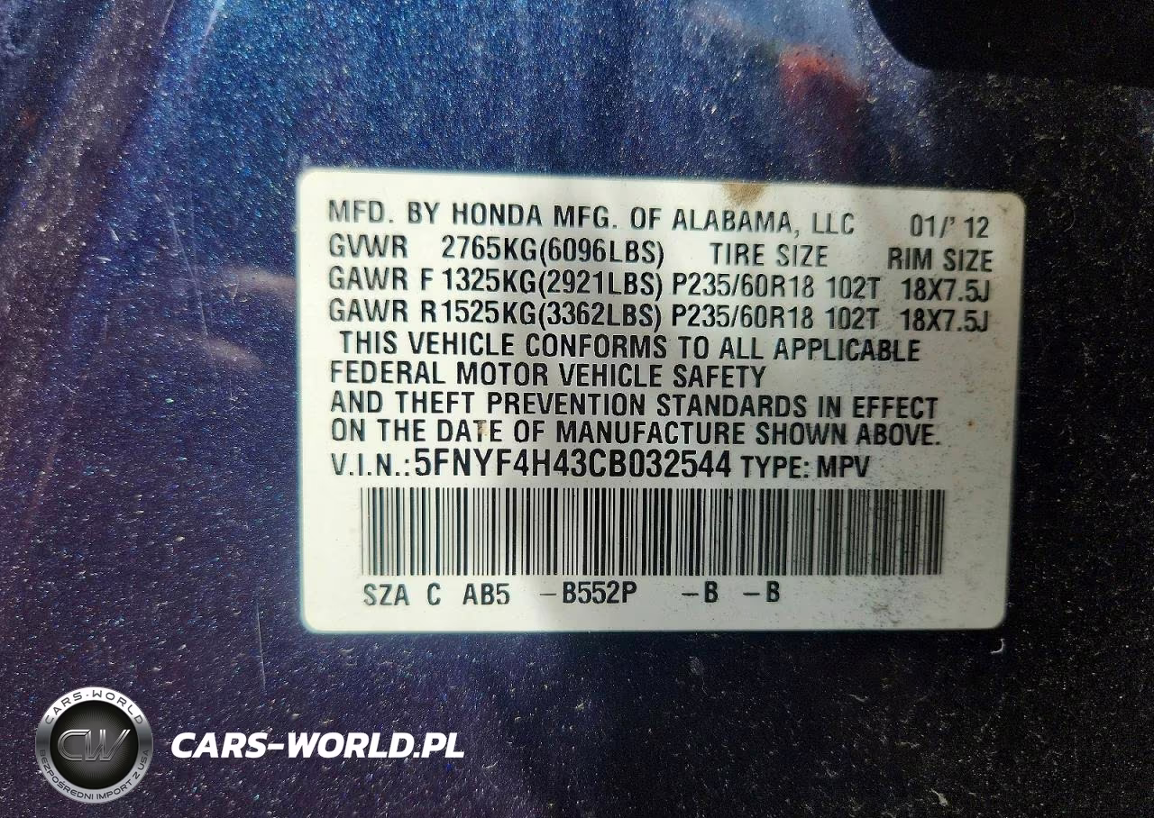 2012 Honda Pilot Ex VIN:5FNYF4H43CB032544 - 13