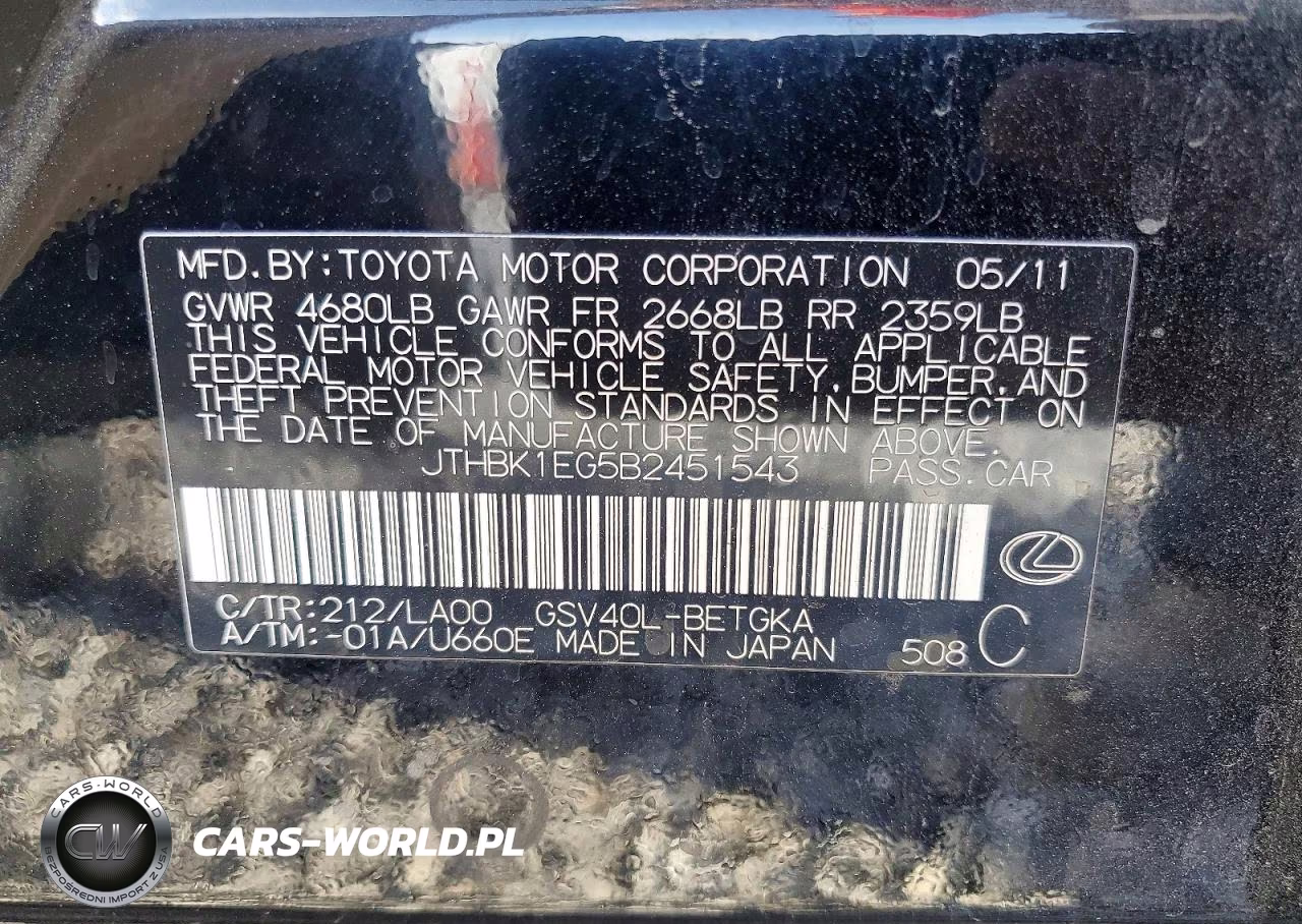 2011 Lexus Es 350 VIN:JTHBK1EG5B2451543 - 12