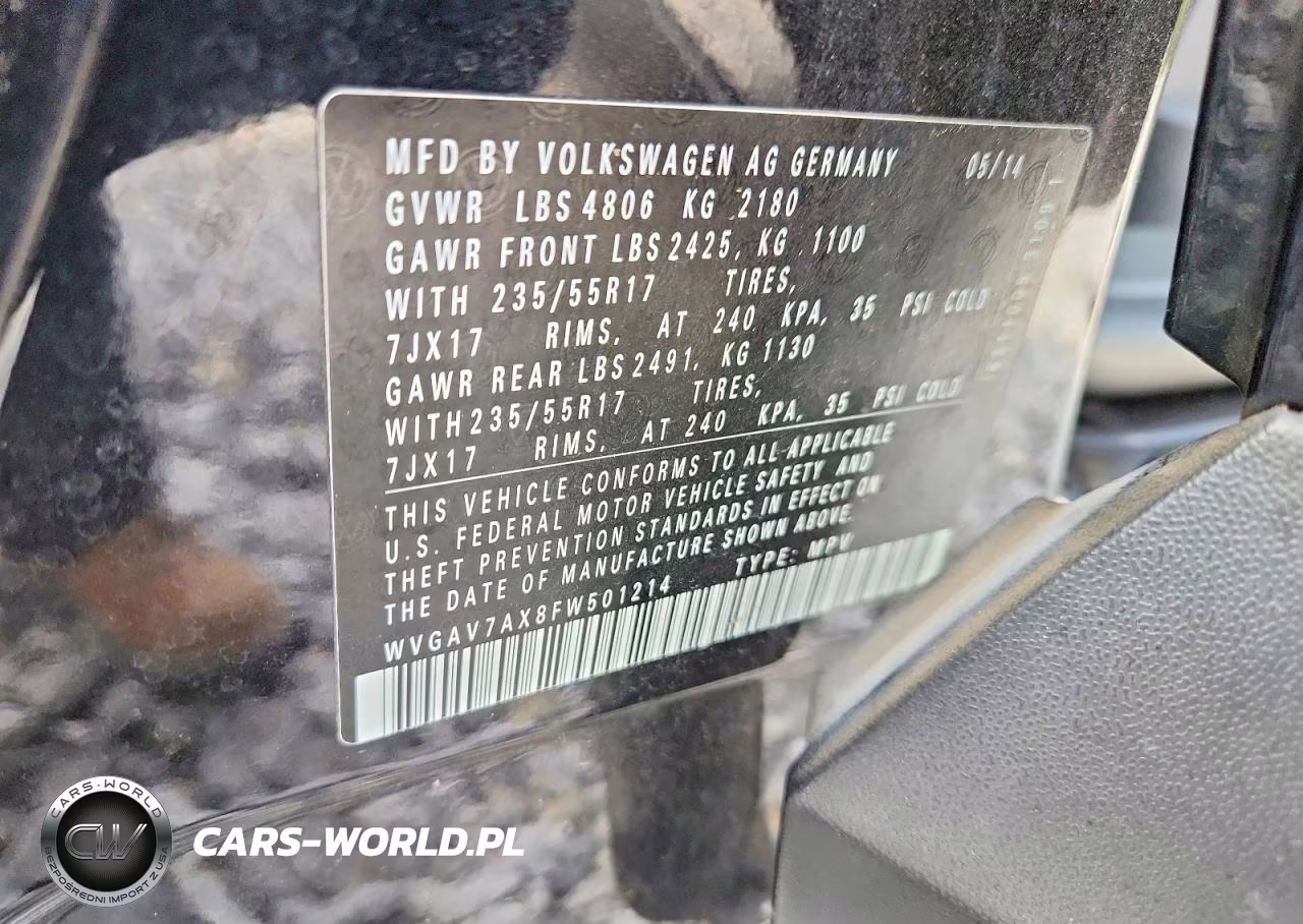 2015 Volkswagen Tiguan S VIN:WVGAV7AX8FW501214 - 13