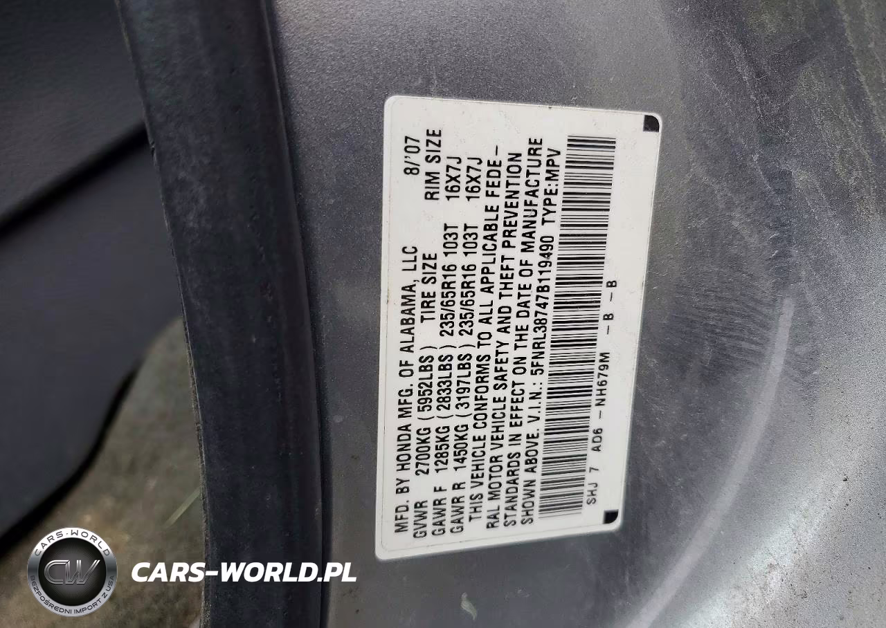 2007 Honda Odyssey Exl VIN:5FNRL38747B119490 - 13
