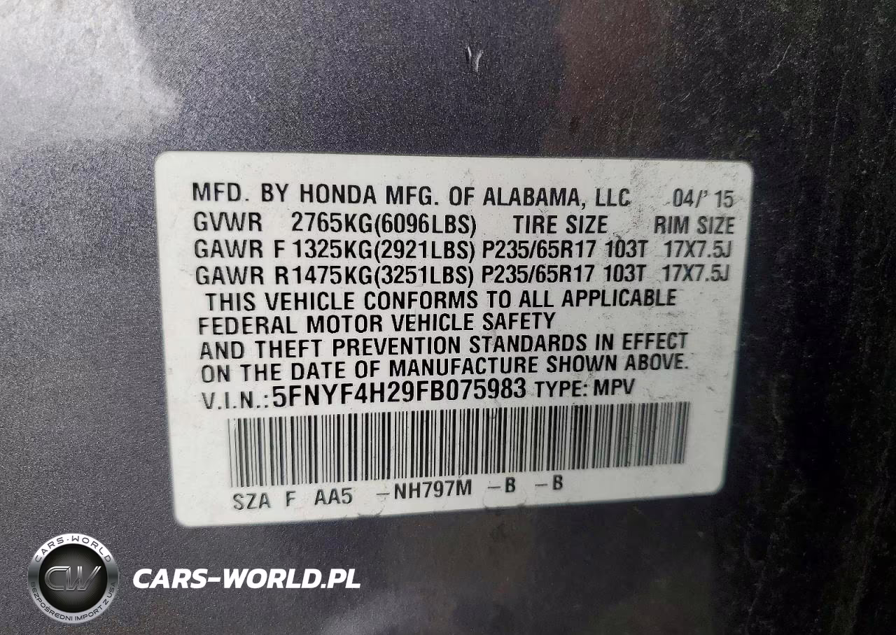 2015 Honda Pilot Lx VIN:5FNYF4H29FB075983 - 12