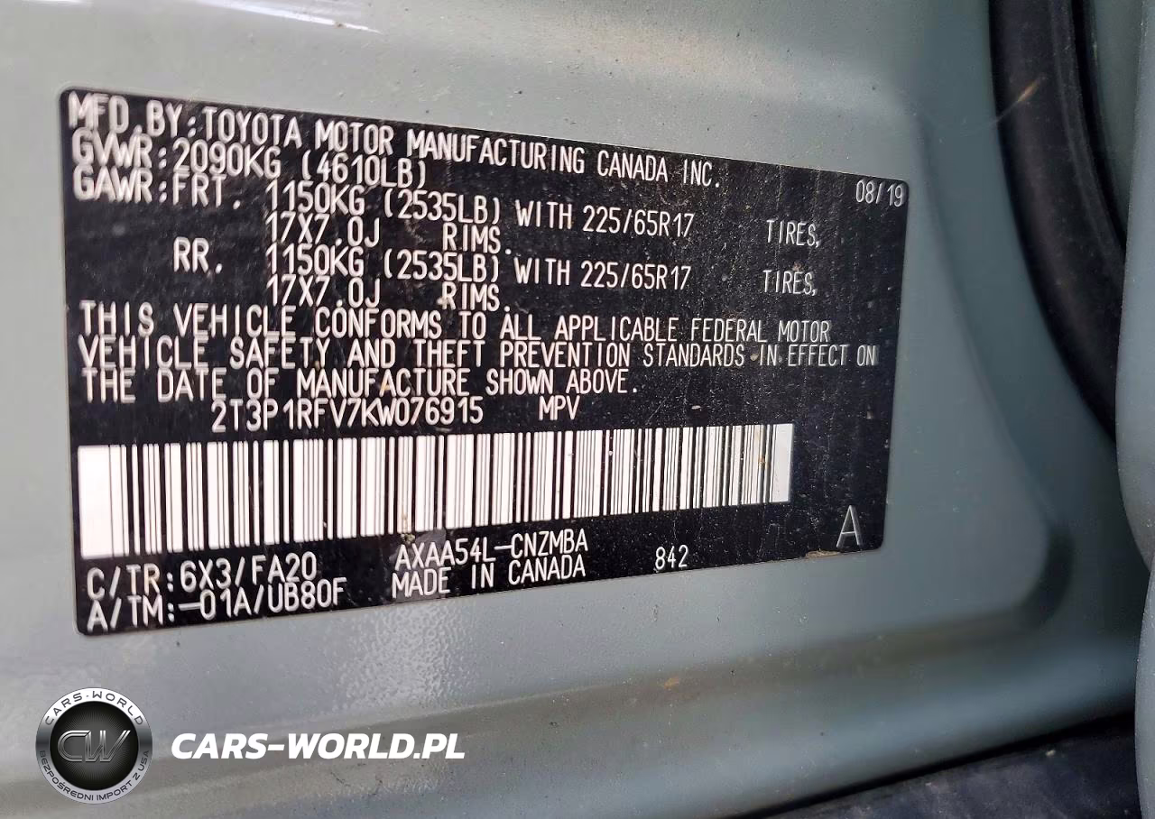 2019 Toyota Rav4 Xle VIN:2T3P1RFV7KW076915 - 12