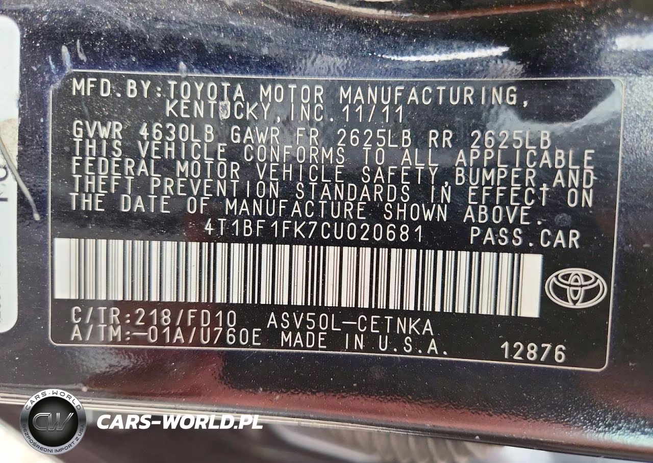 2012 Toyota Camry Le VIN:4T1BF1FK7CU020681 - 12