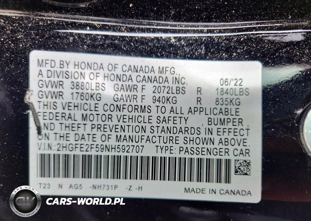 2022 Honda Civic Sport VIN:2HGFE2F59NH592707 - 12