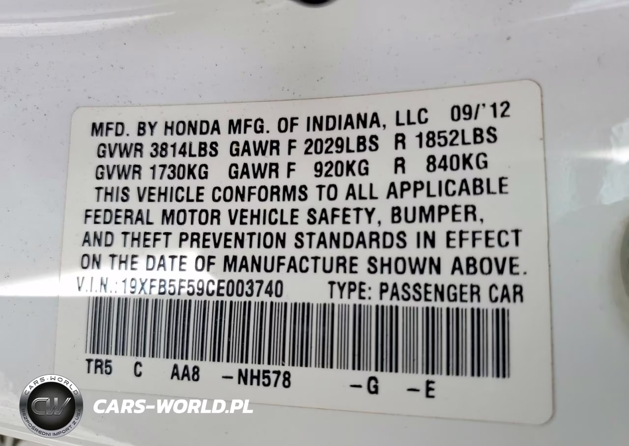 2012 Honda Civic Natural Gas VIN:19XFB5F59CE003740 - 12