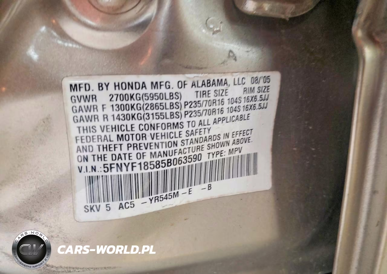 2005 Honda Pilot Exl VIN:5FNYF18585B063590 - 12