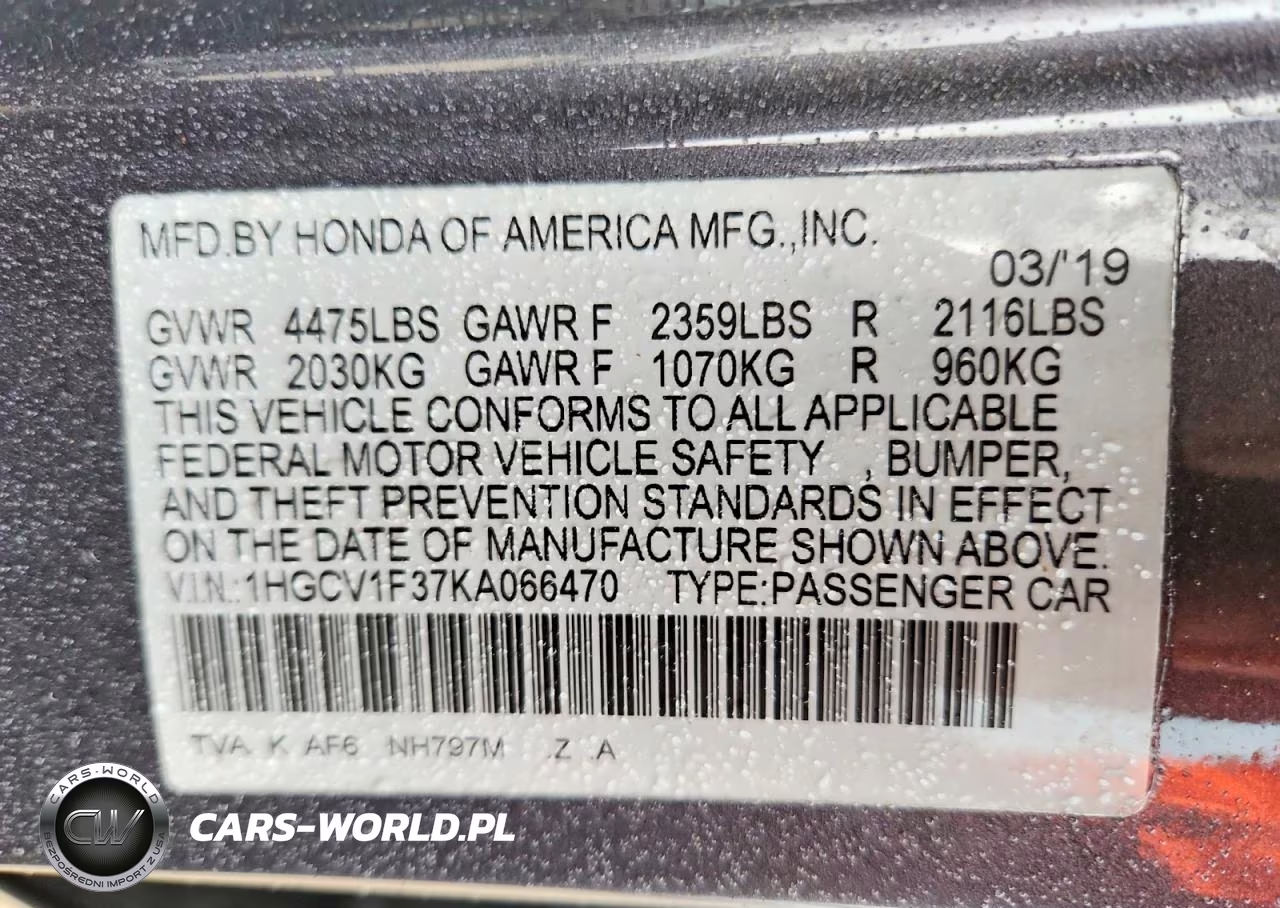 2019 Honda Accord Sport VIN:1HGCV1F37KA066470 - 12