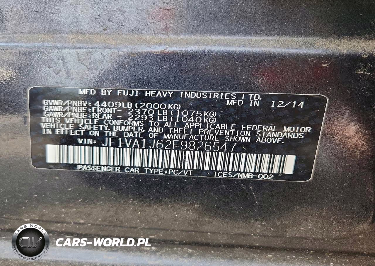 2015 Subaru Wrx Limited VIN:JF1VA1J62F9826547 - 13