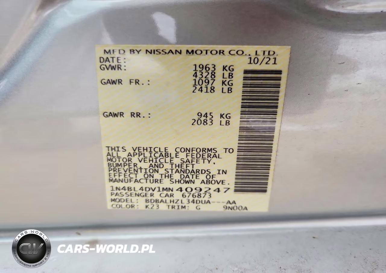 2021 Nissan Altima Sv VIN:1N4BL4DV1MN409247 - 12