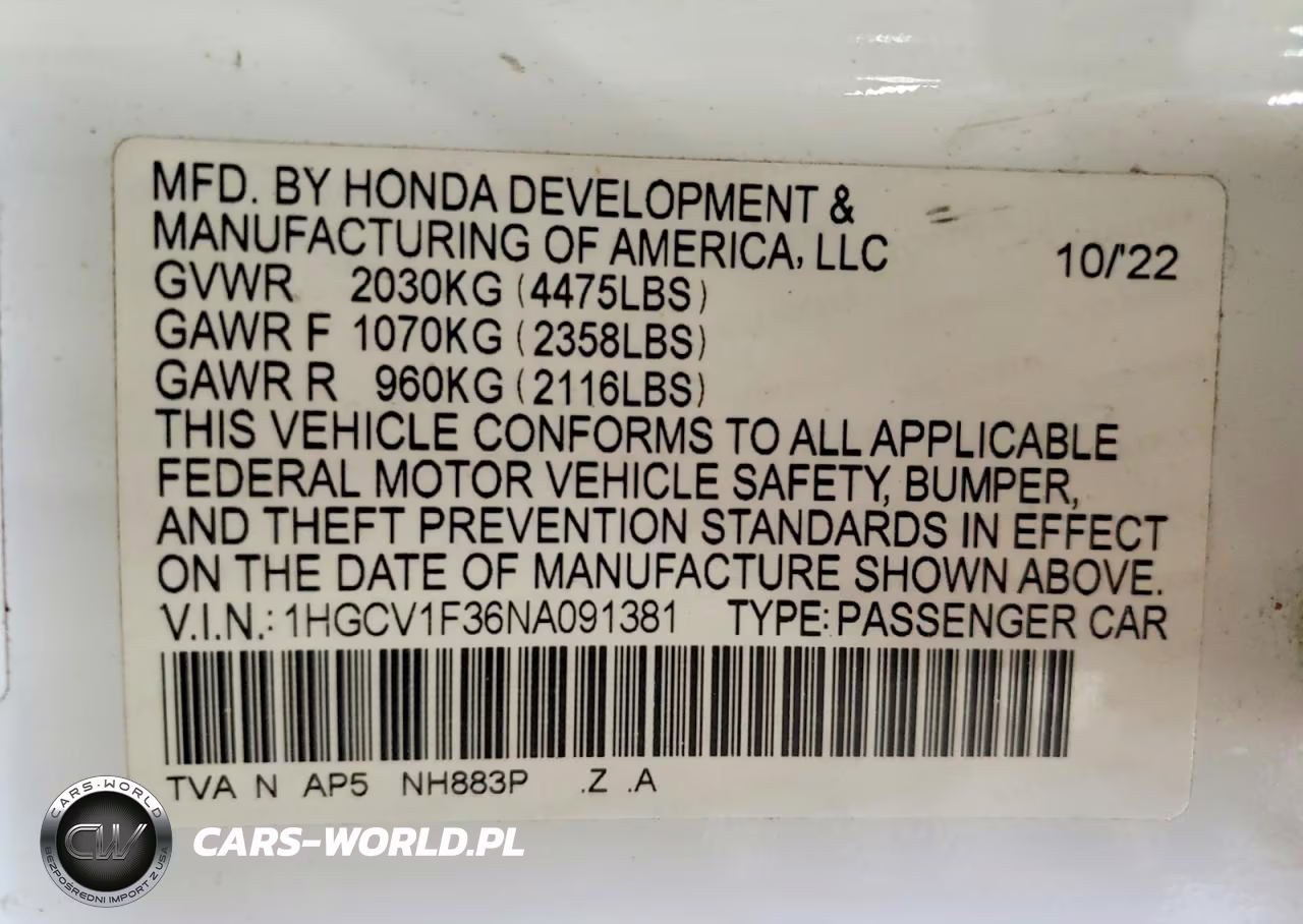 2022 Honda Accord Sport VIN:1HGCV1F36NA091381 - 12