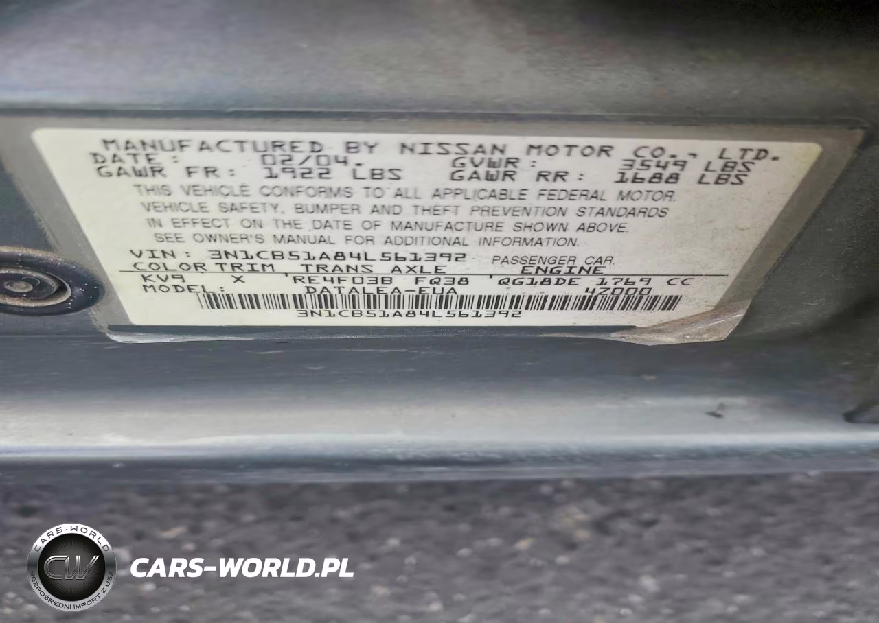 2004 Nissan Sentra 1.8S VIN:3N1CB51A84L561392 - 12