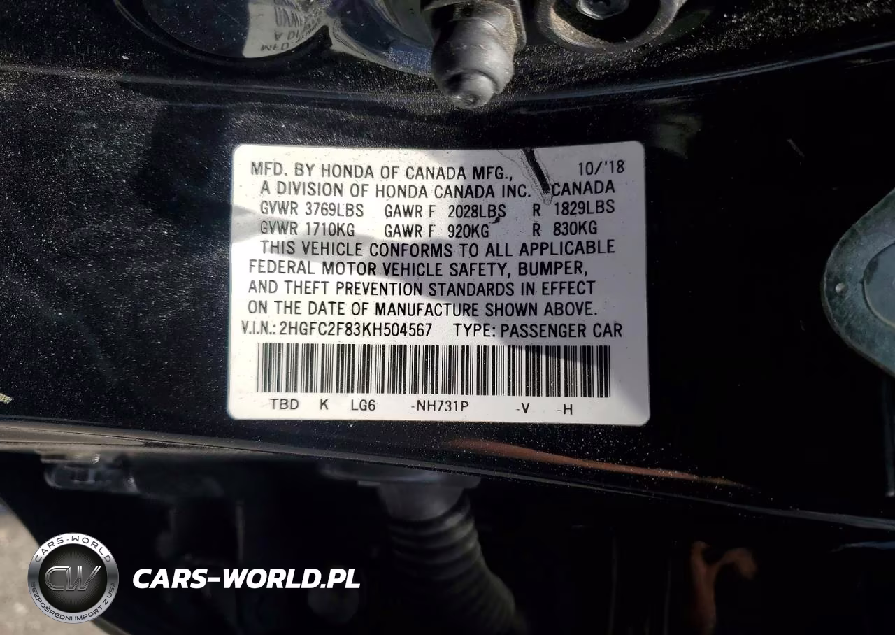 2019 Honda Civic Sport VIN:2HGFC2F83KH504567 - 13