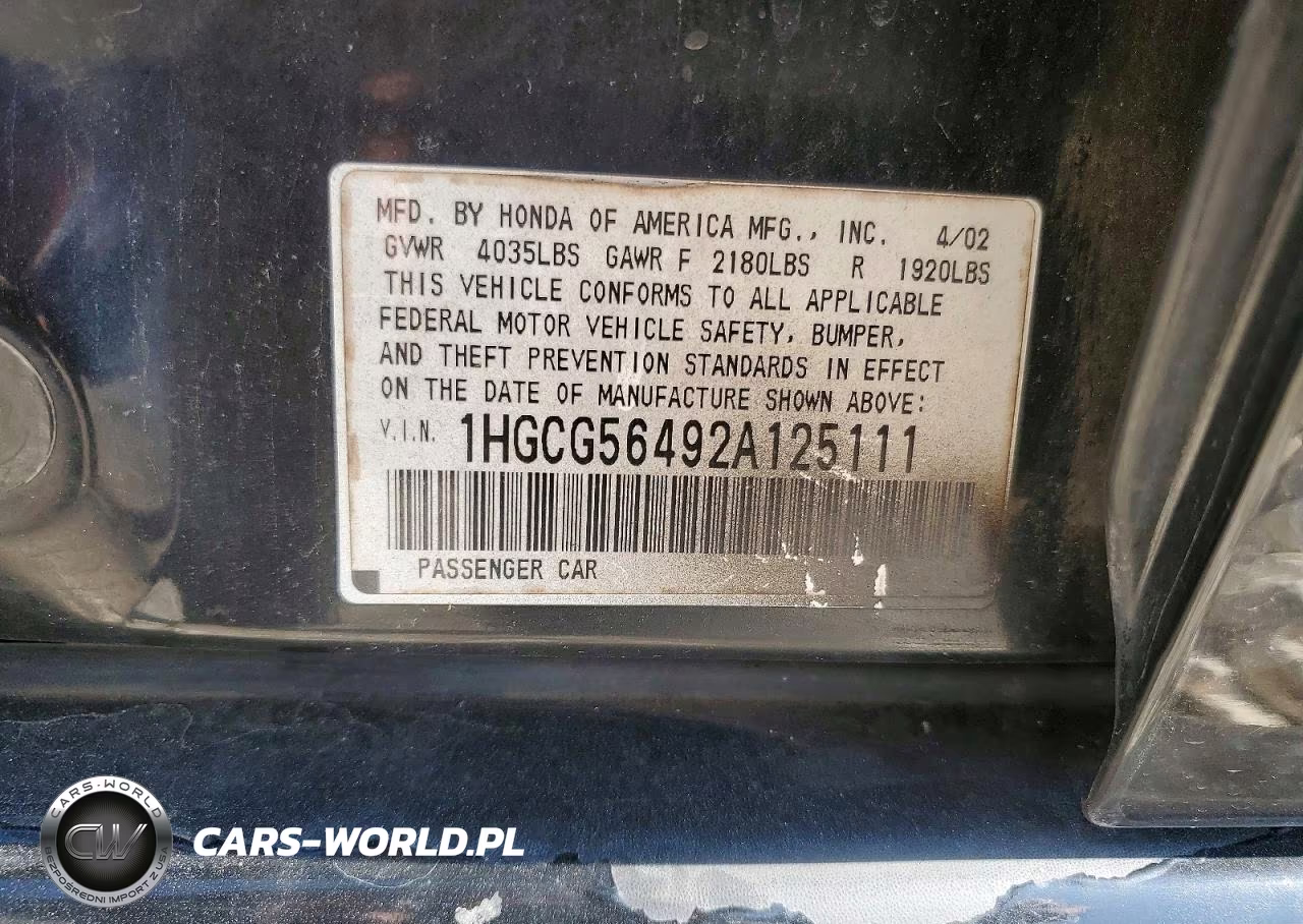 2002 Honda Accord Lx VIN:1HGCG56492A125111 - 13