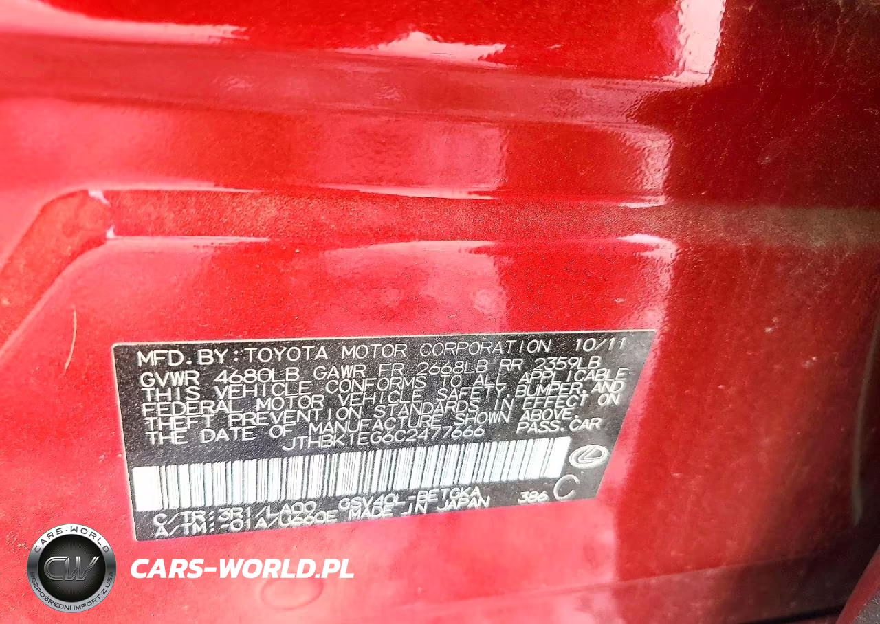 2012 Lexus Es 350 VIN:JTHBK1EG6C2477666 - 12