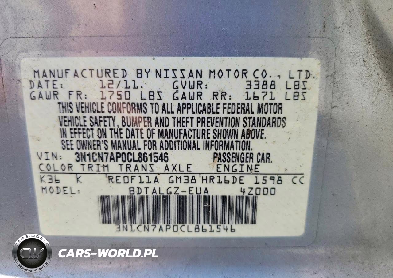 2012 Nissan Versa 1.6 S VIN:3N1CN7AP0CL861546 - 12