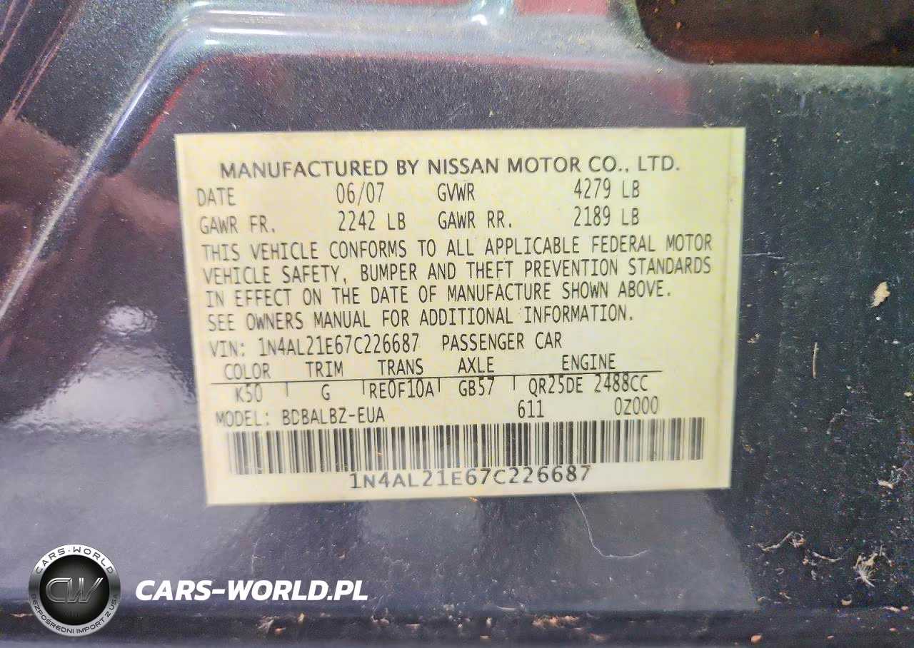 2007 Nissan Altima 2.5 VIN:1N4AL21E67C226687 - 12