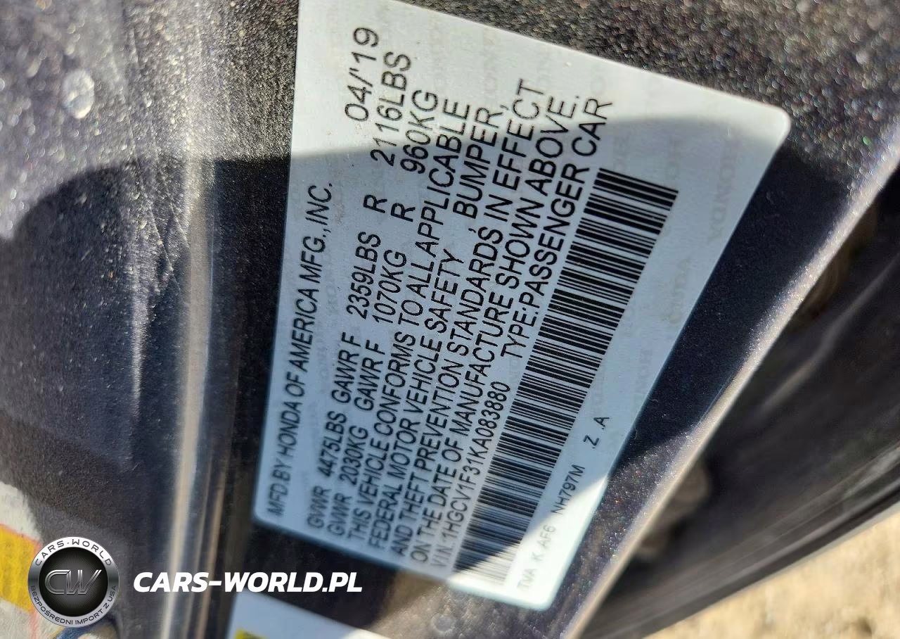 2019 Honda Accord Sport VIN:1HGCV1F31KA083880 - 12