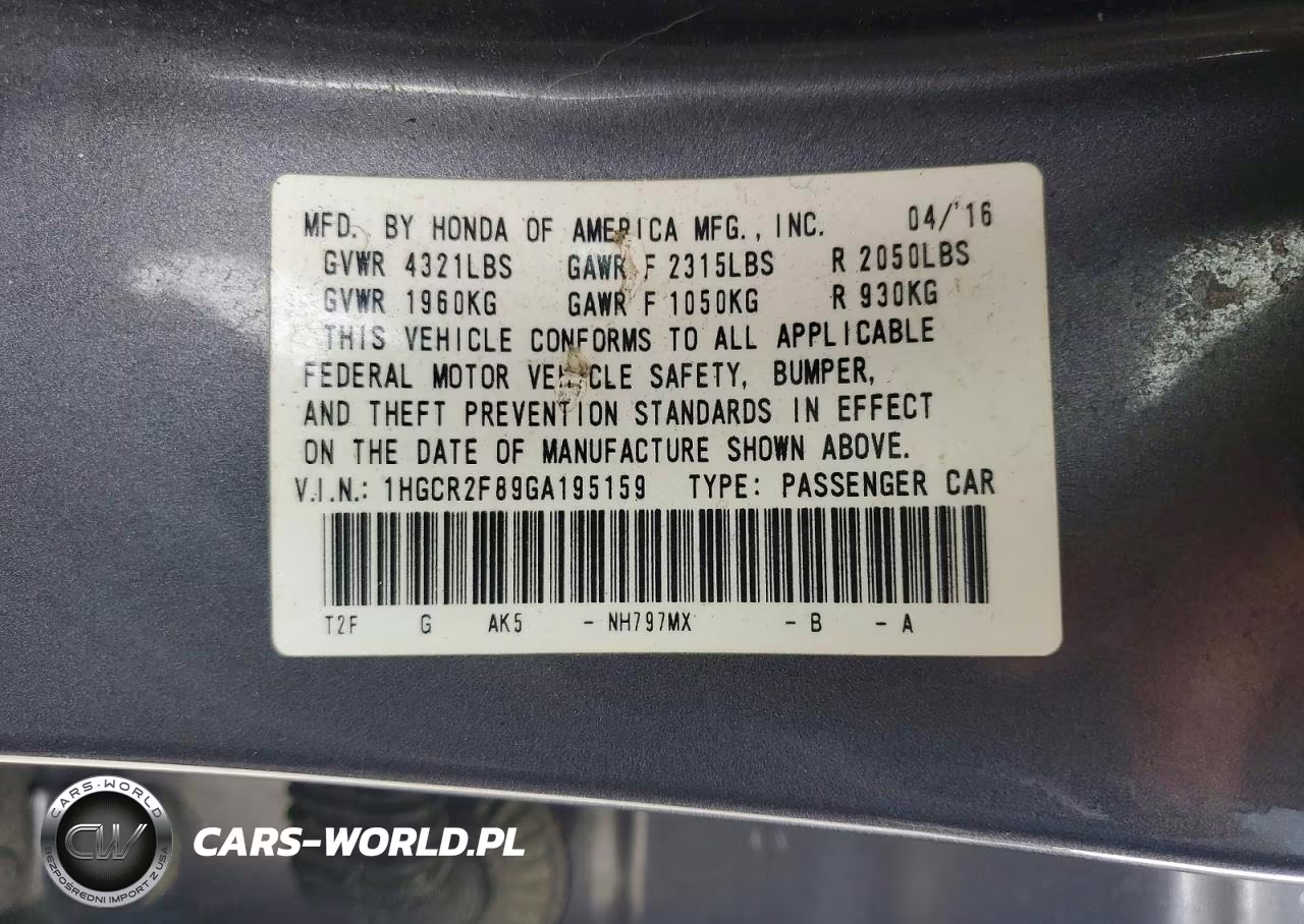 2016 Honda Accord Exl VIN:1HGCR2F89GA195159 - 12