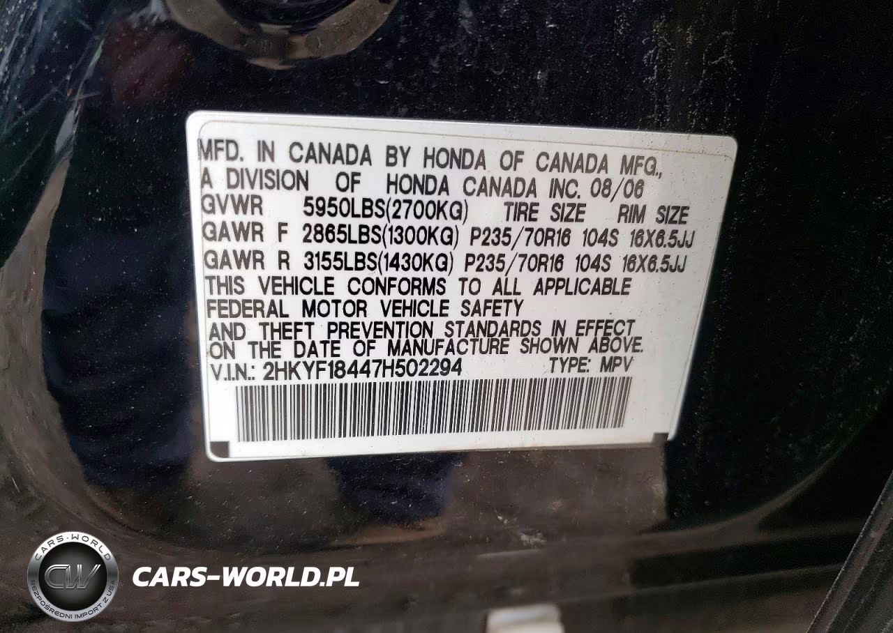 2007 Honda Pilot Ex VIN:2HKYF18447H502294 - 13